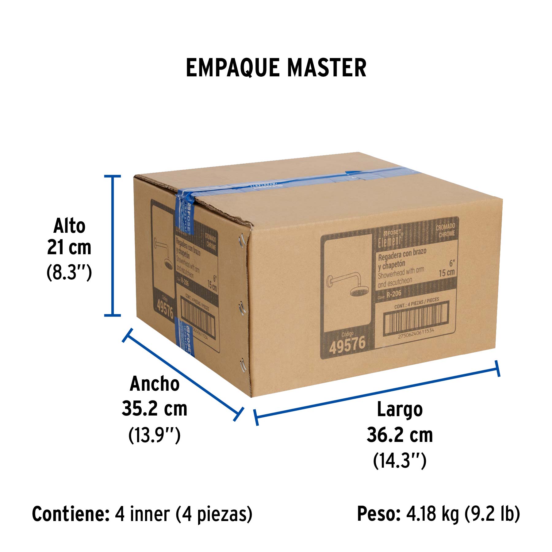Regadera cromo 6" plato redondo, con brazo, FOSET ELEMENT - Empaque