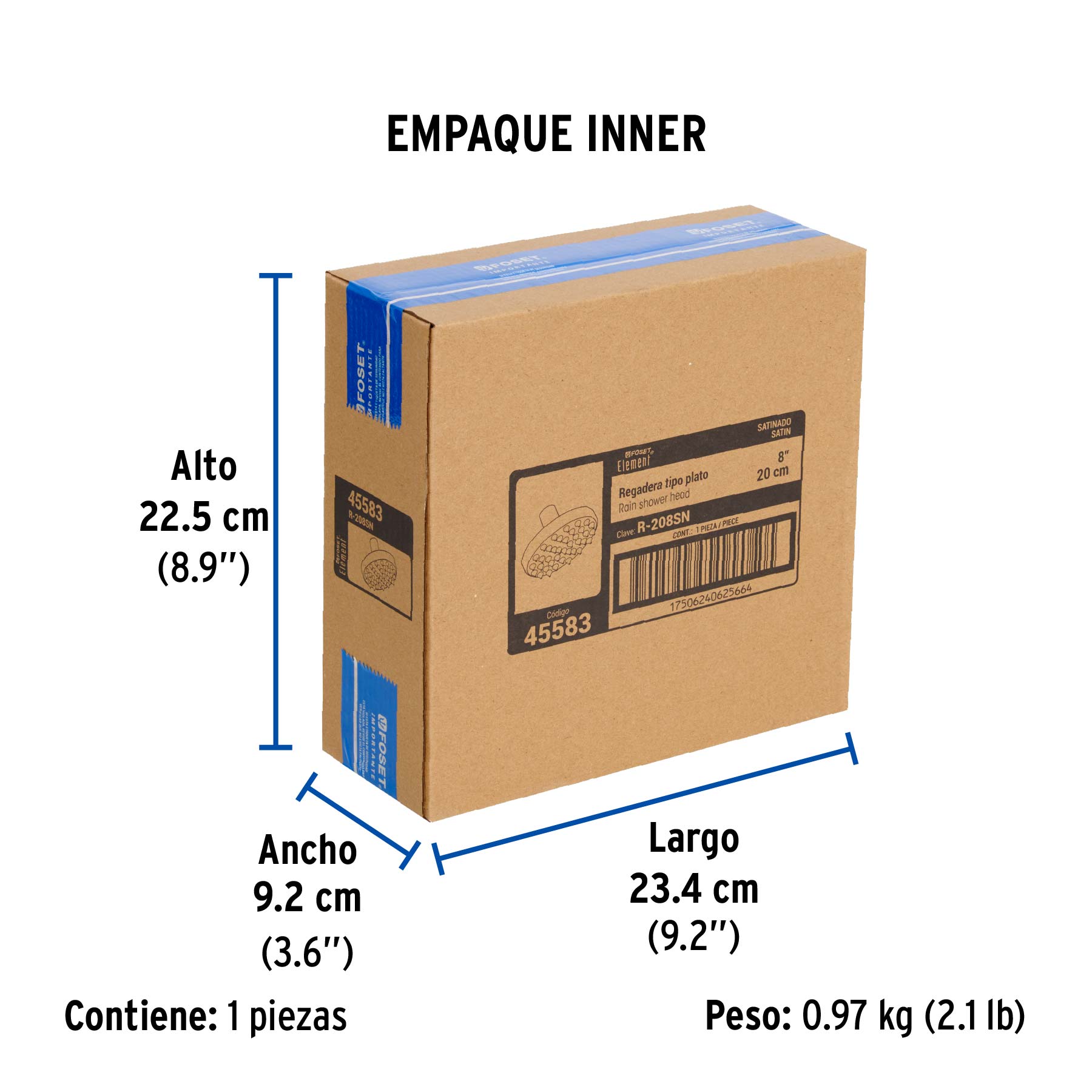Regadera satín 8" plato redondo, sin brazo, FOSET ELEMENT - Empaque