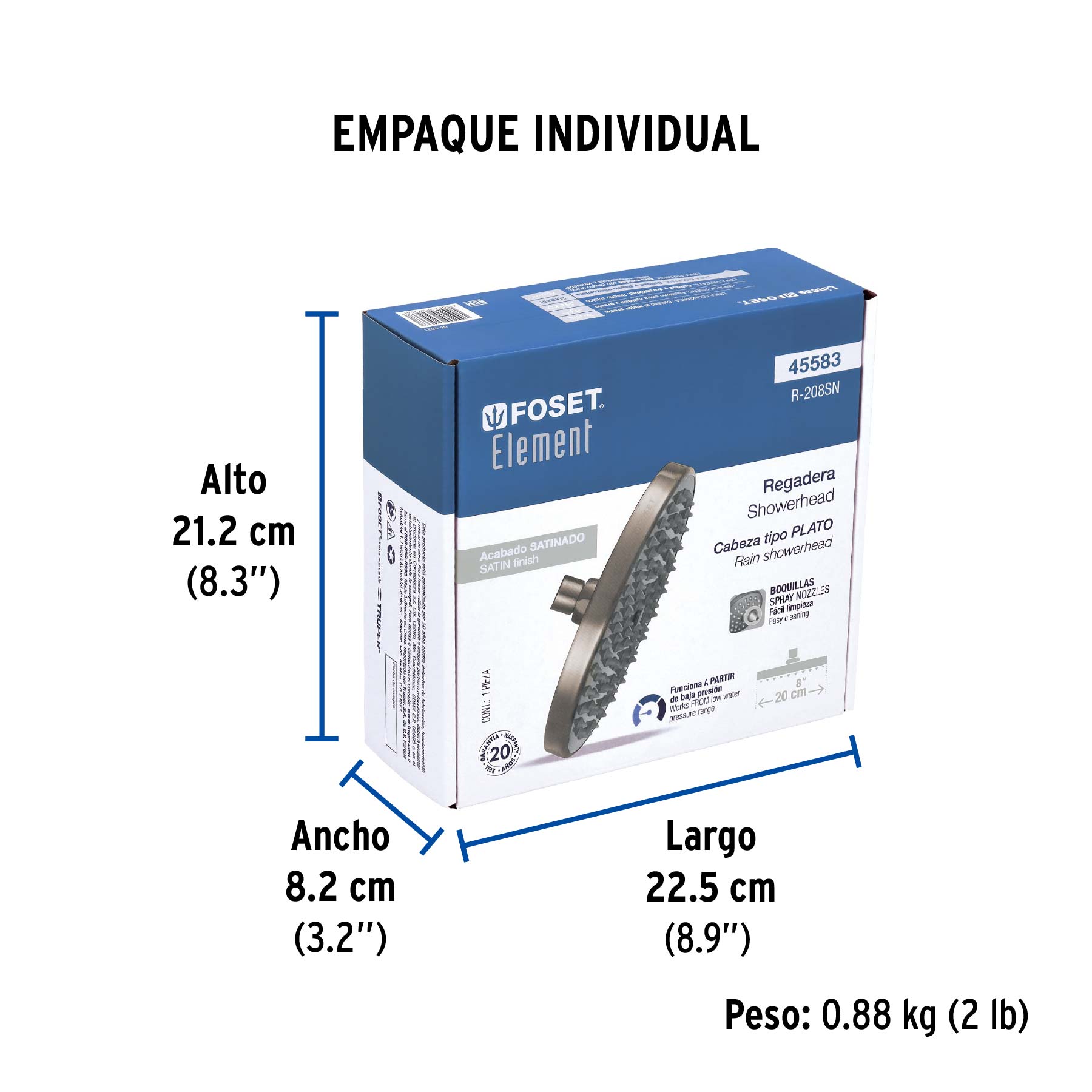 Regadera satín 8" plato redondo, sin brazo, FOSET ELEMENT - Empaque