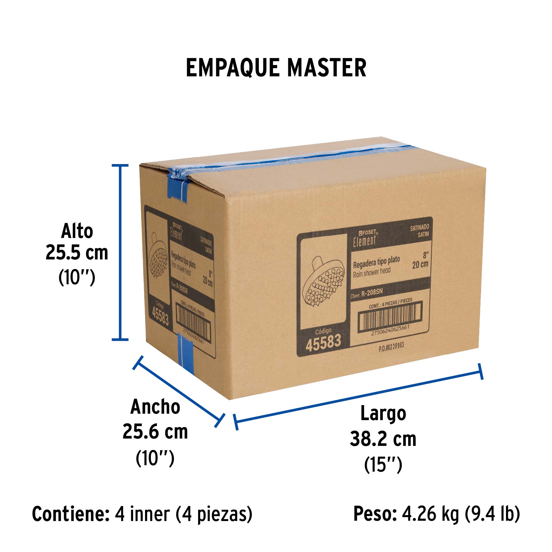 Regadera satín 8" plato redondo, sin brazo, FOSET ELEMENT - Empaque