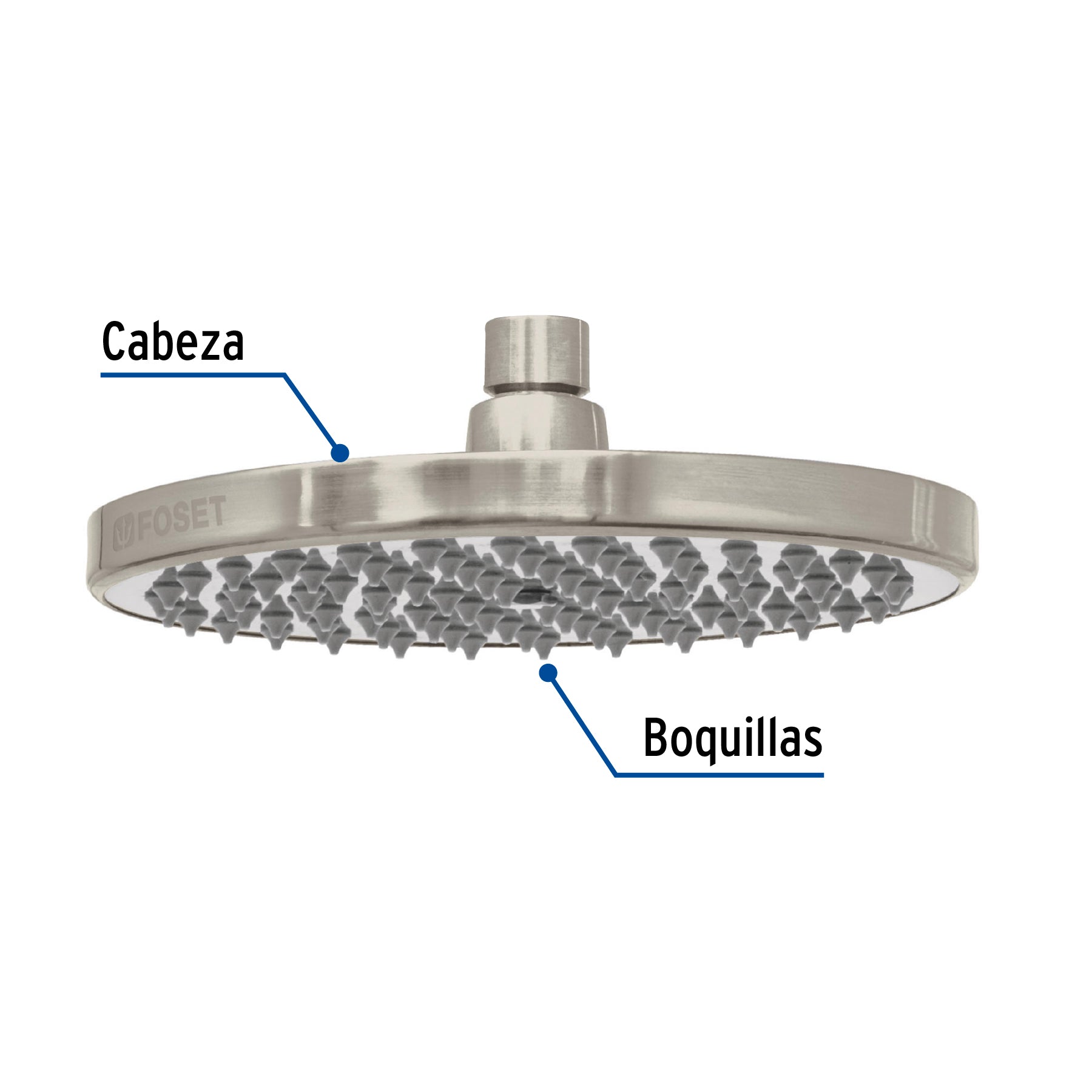 Regadera satín 8" plato redondo, sin brazo, FOSET ELEMENT