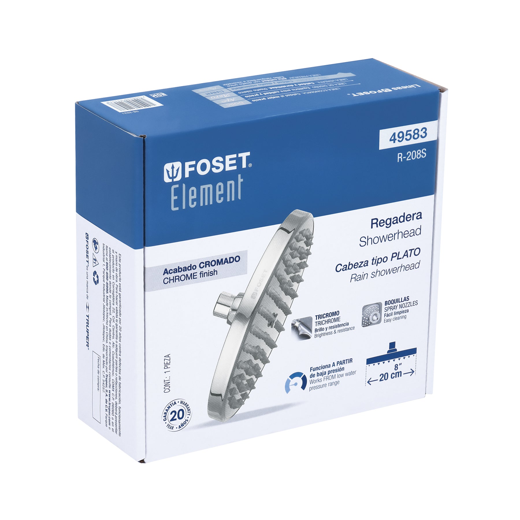 Regadera cromo 8" plato redondo, sin brazo, FOSET ELEMENT