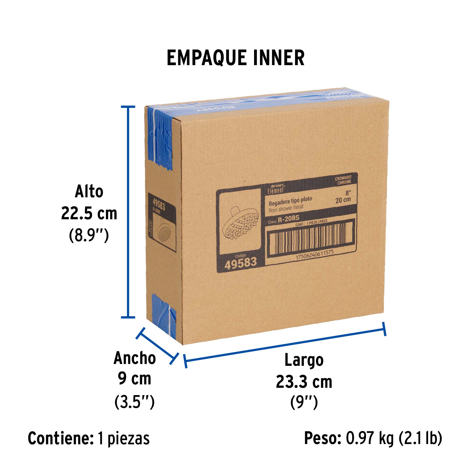 Regadera cromo 8" plato redondo, sin brazo, FOSET ELEMENT - Empaque