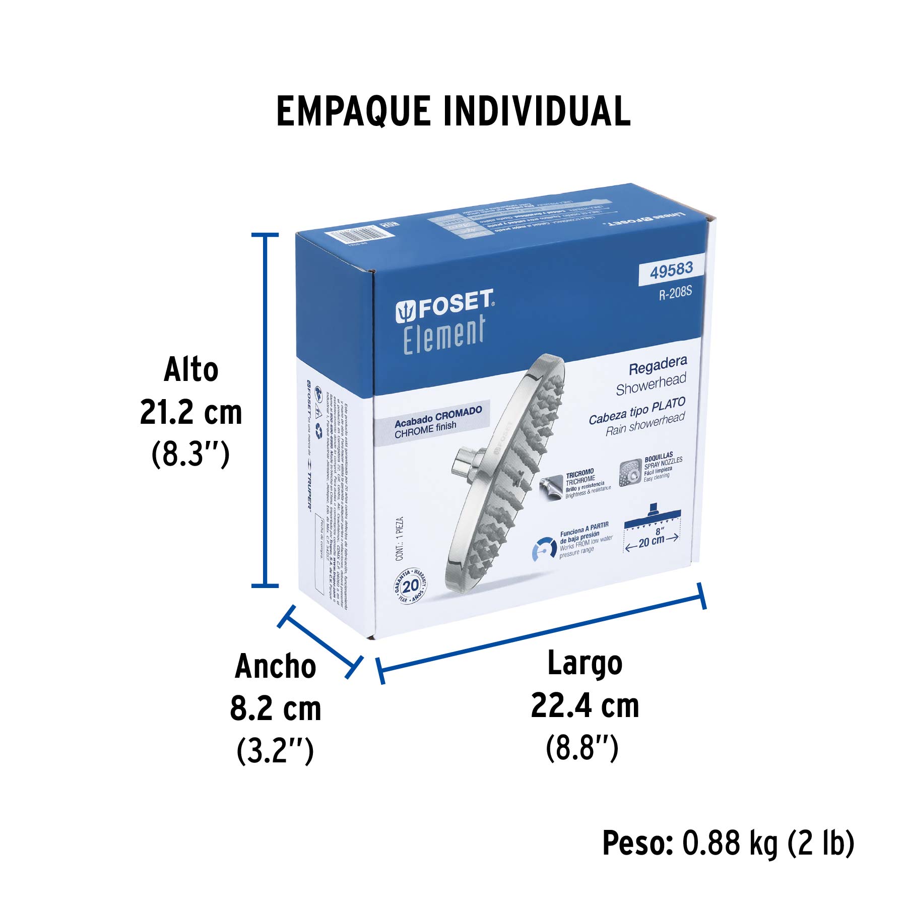 Regadera cromo 8" plato redondo, sin brazo, FOSET ELEMENT - Empaque