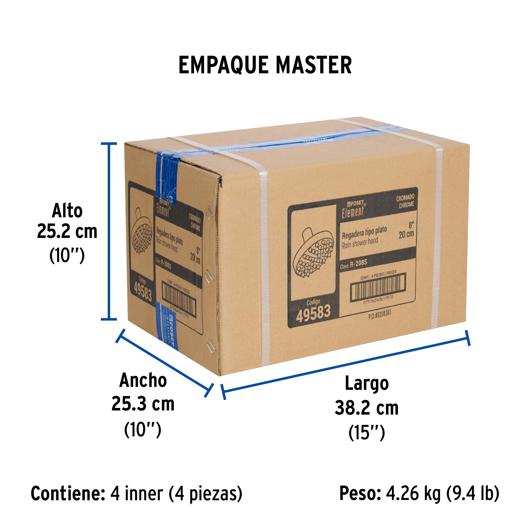 Regadera cromo 8" plato redondo, sin brazo, FOSET ELEMENT - Empaque