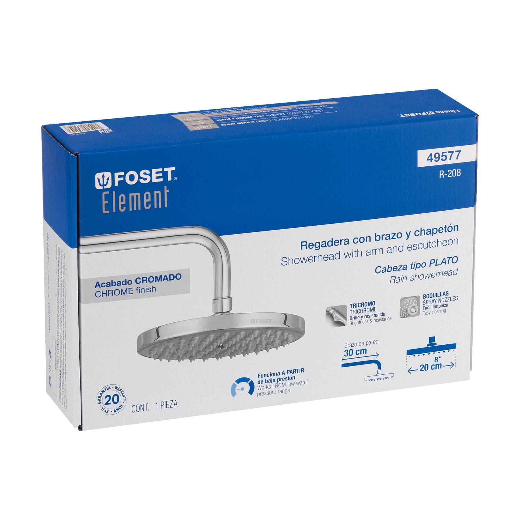 Regadera cromo 8" plato redondo, con brazo, FOSET ELEMENT