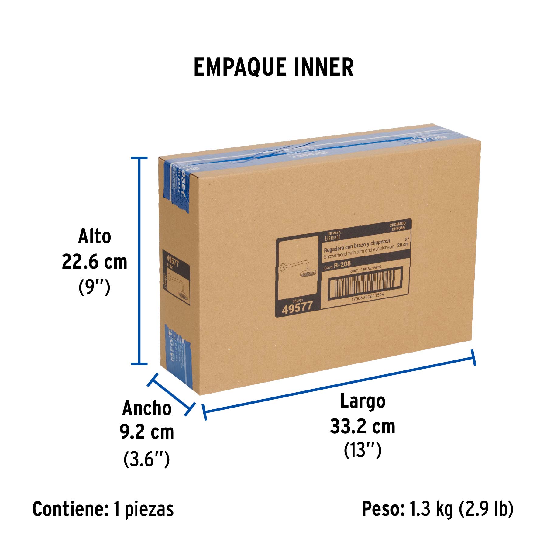 Regadera cromo 8" plato redondo, con brazo, FOSET ELEMENT - Empaque