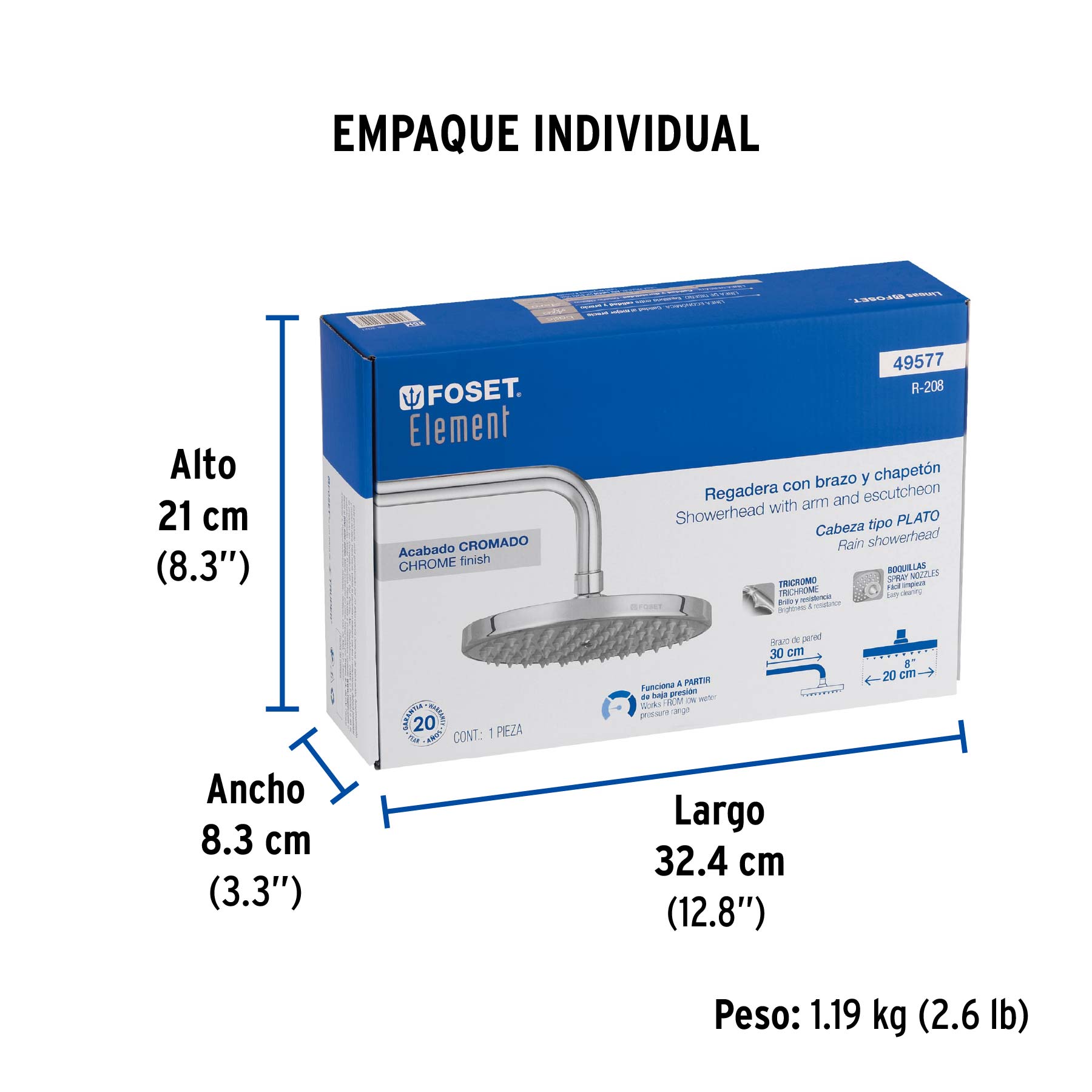Regadera cromo 8" plato redondo, con brazo, FOSET ELEMENT - Empaque