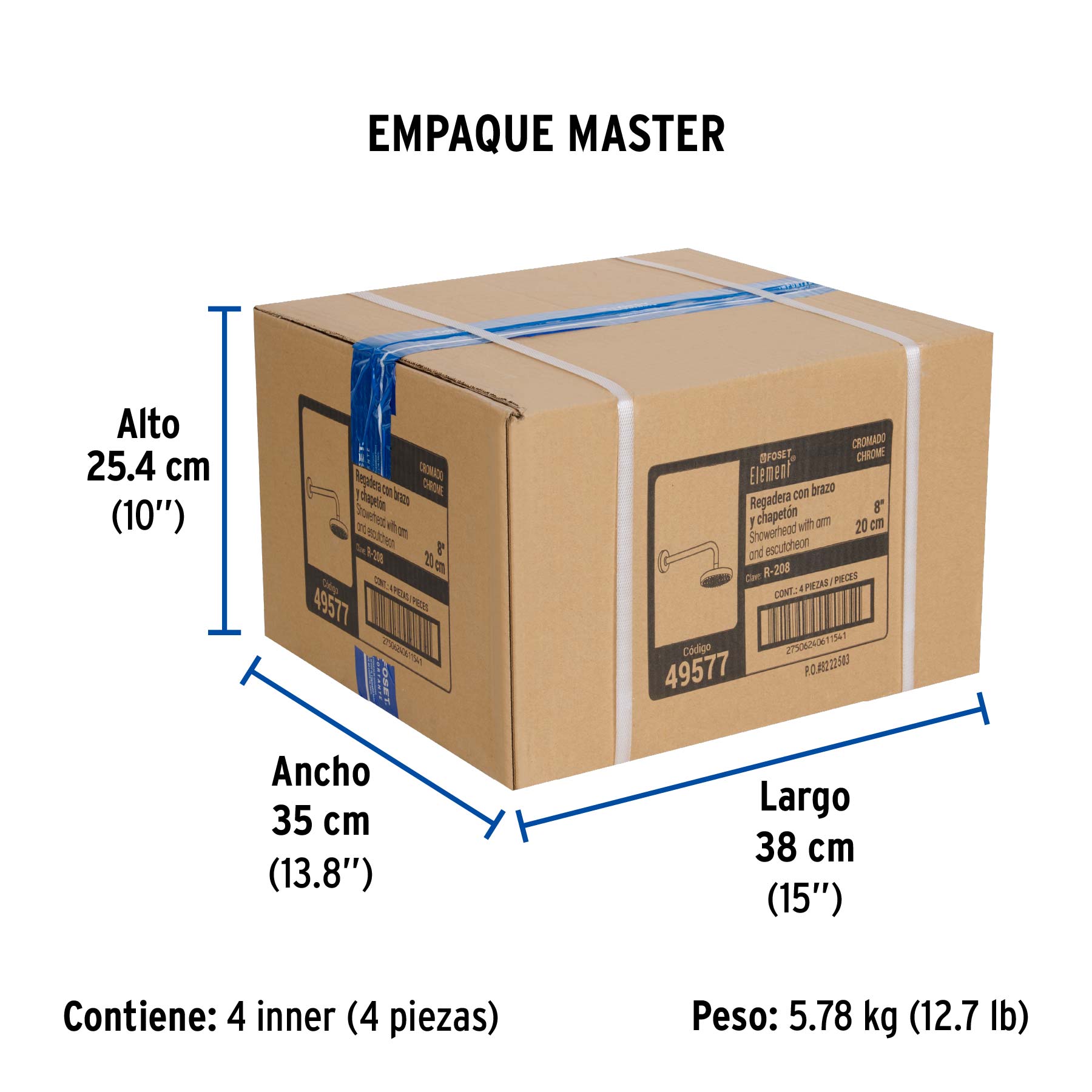 Regadera cromo 8" plato redondo, con brazo, FOSET ELEMENT - Empaque