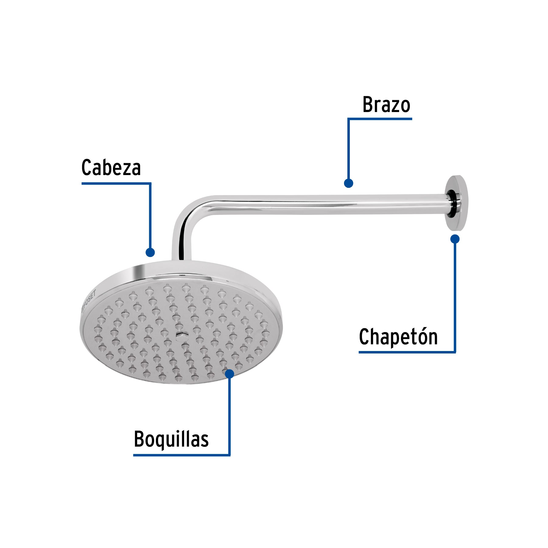Regadera cromo 8" plato redondo, con brazo, FOSET ELEMENT