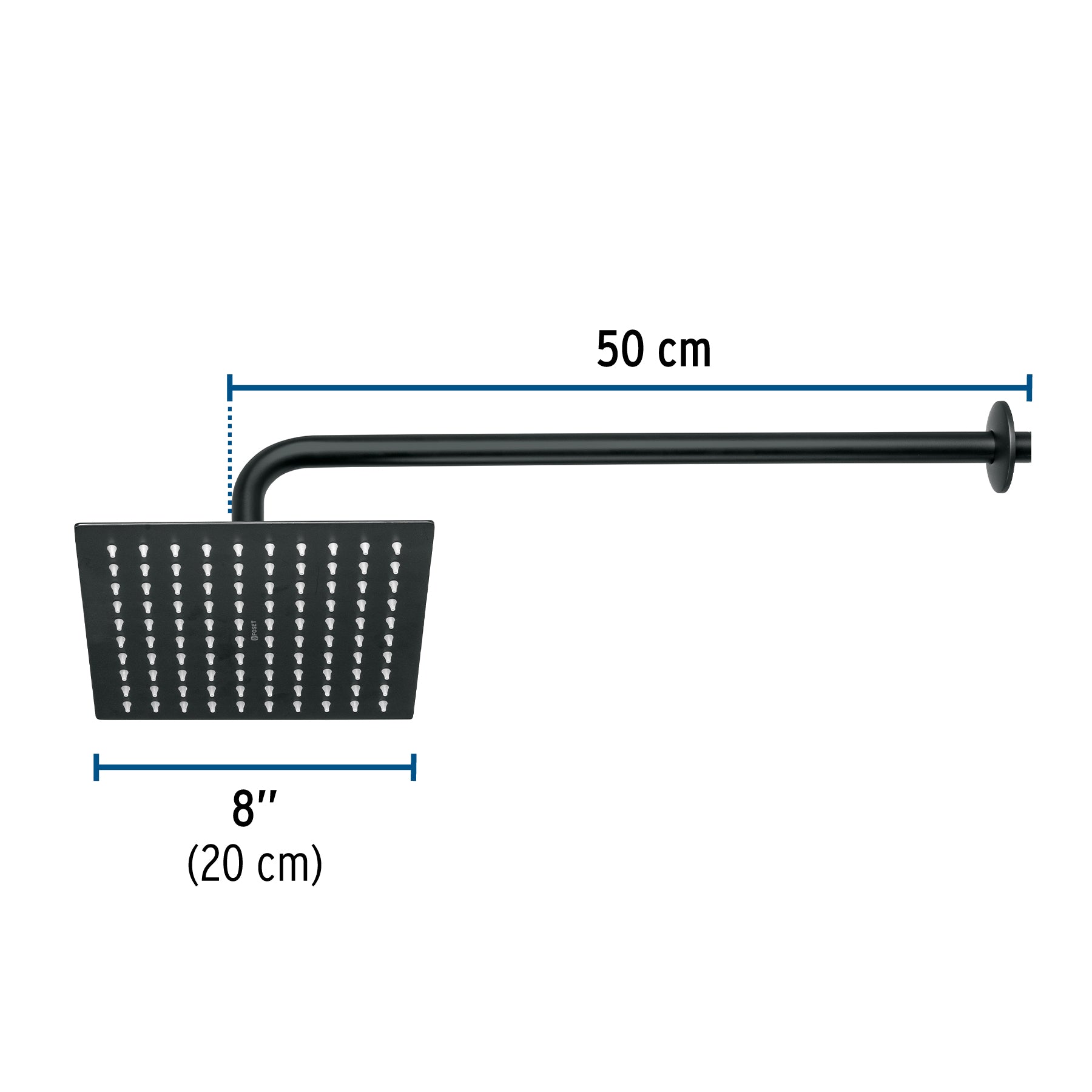 Regadera plato cuadrado 8" con brazo, negro, FOSET RIVIERA