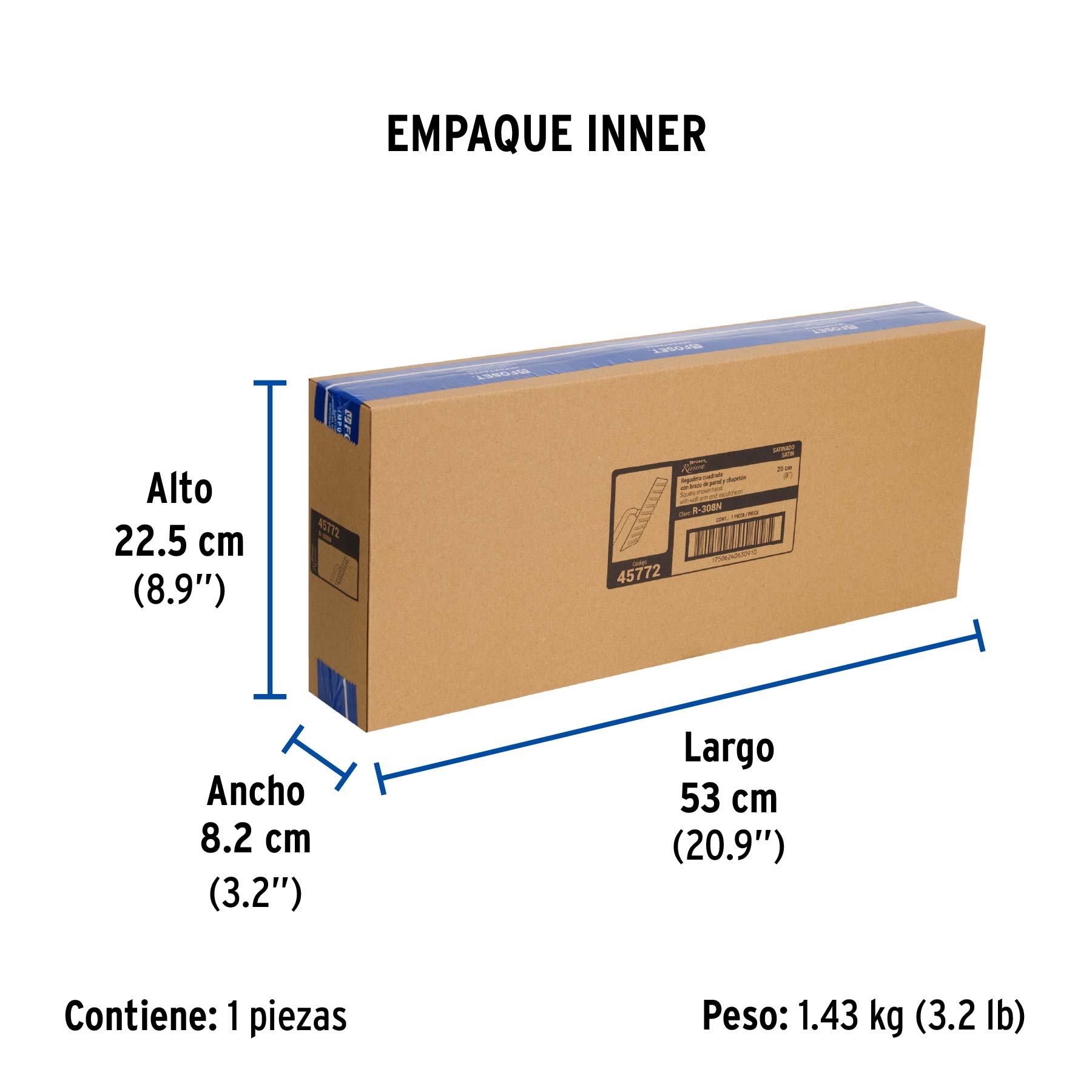 Regadera plato cuadrado 8" con brazo, satín, FOSET RIVIERA - Empaque