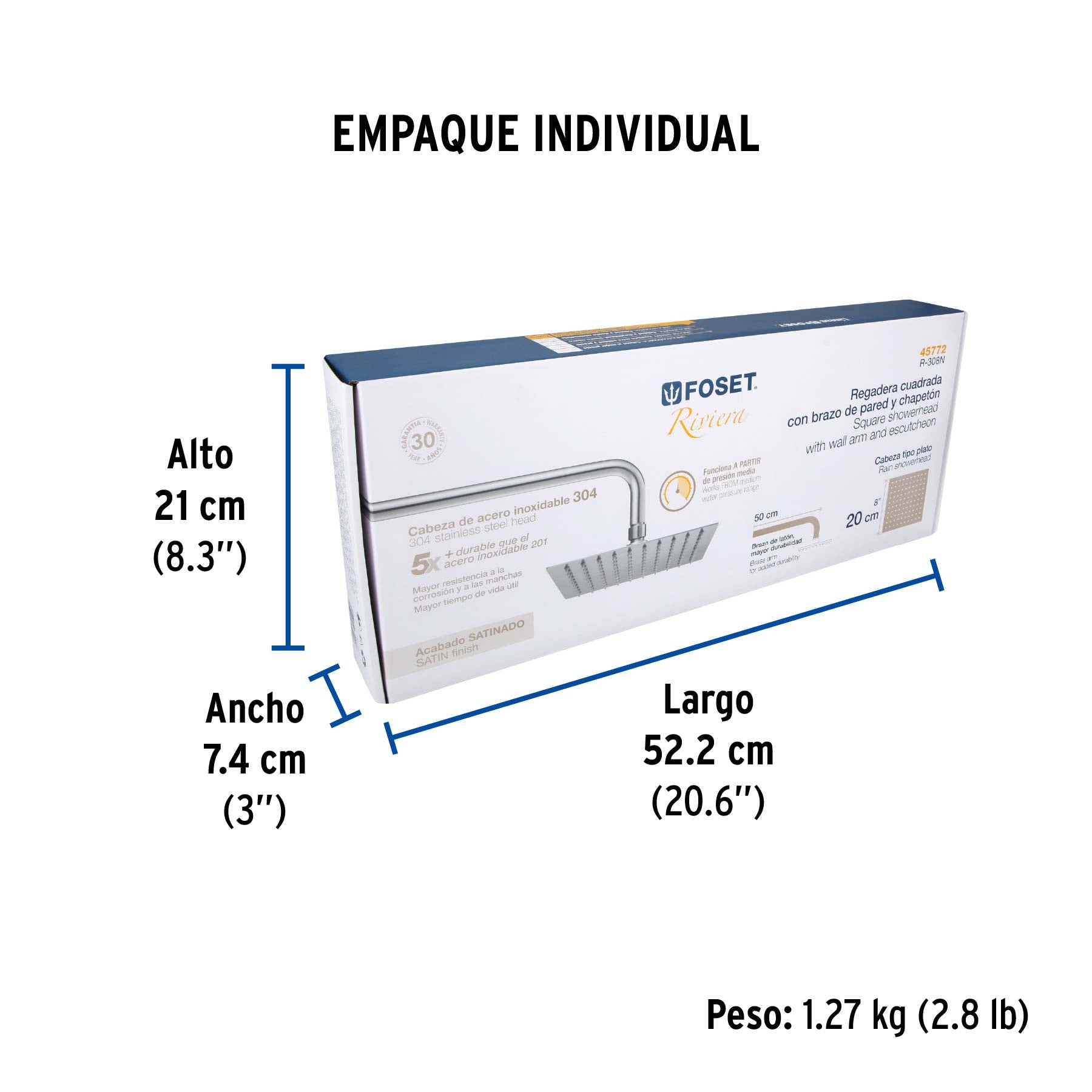Regadera plato cuadrado 8" con brazo, satín, FOSET RIVIERA - Empaque