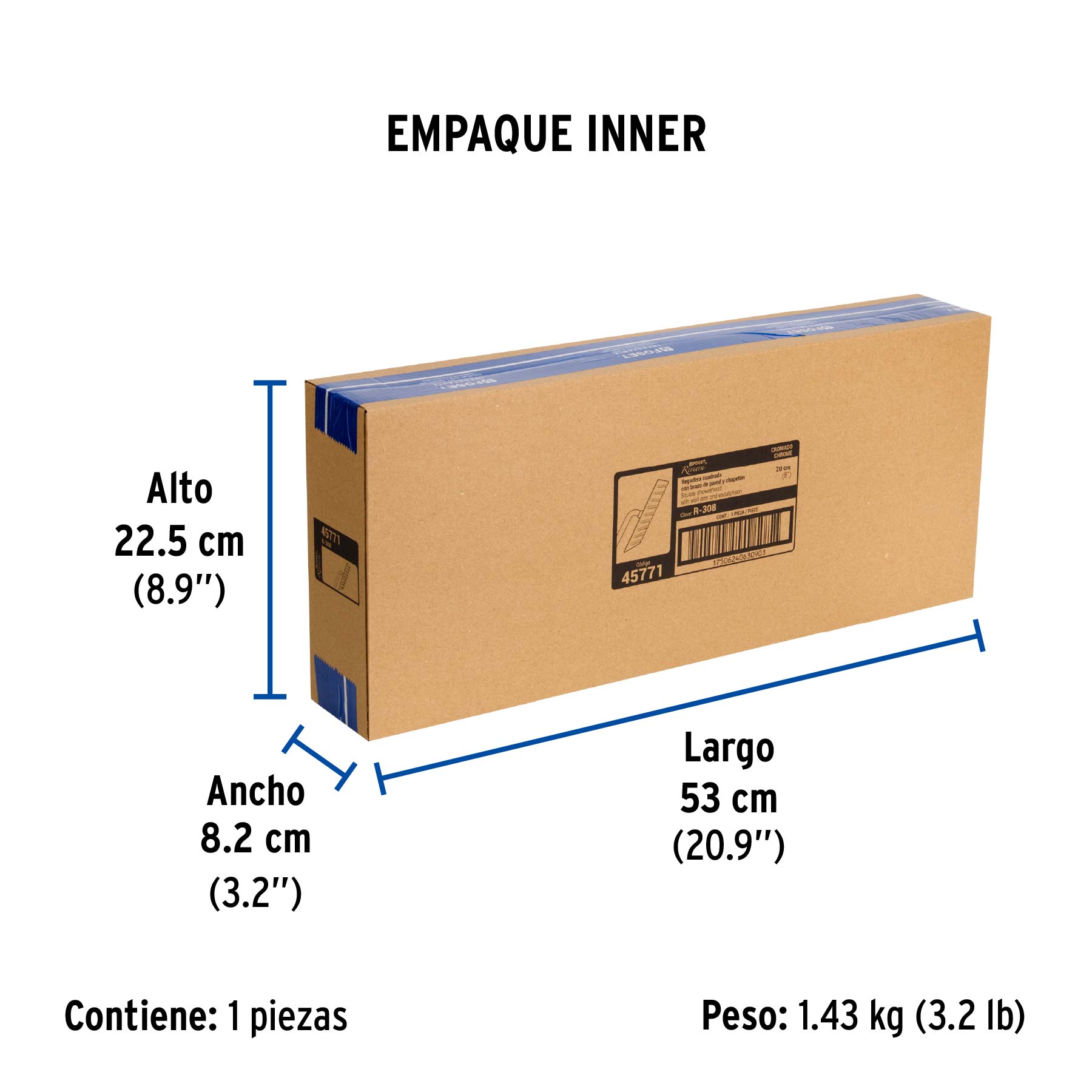 Regadera plato cuadrado 8" con brazo, cromo, FOSET RIVIERA - Empaque