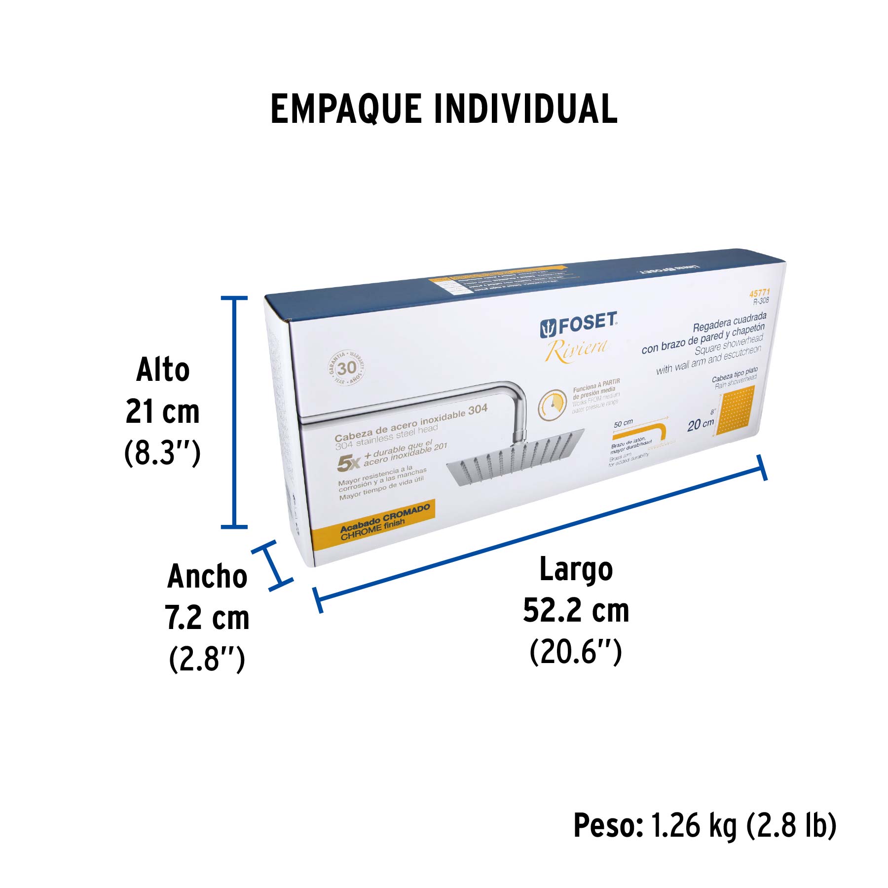 Regadera plato cuadrado 8" con brazo, cromo, FOSET RIVIERA - Empaque
