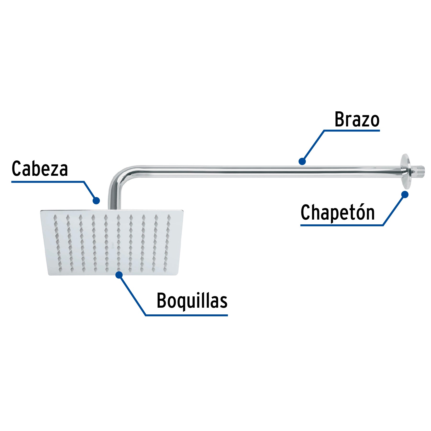 Regadera plato cuadrado 8" con brazo, cromo, FOSET RIVIERA