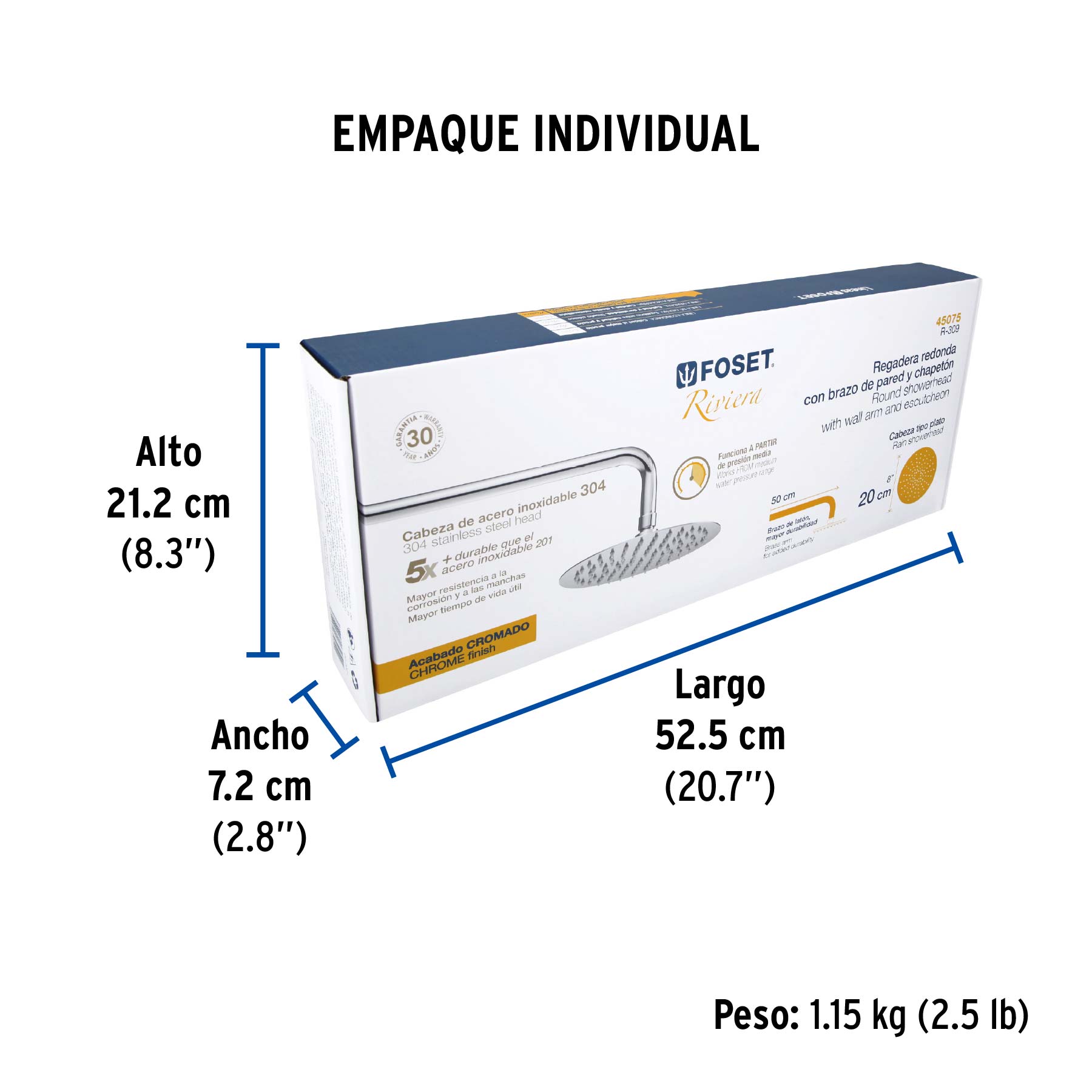 Regadera plato redondo 8" con brazo, cromo, FOSET RIVIERA - Empaque