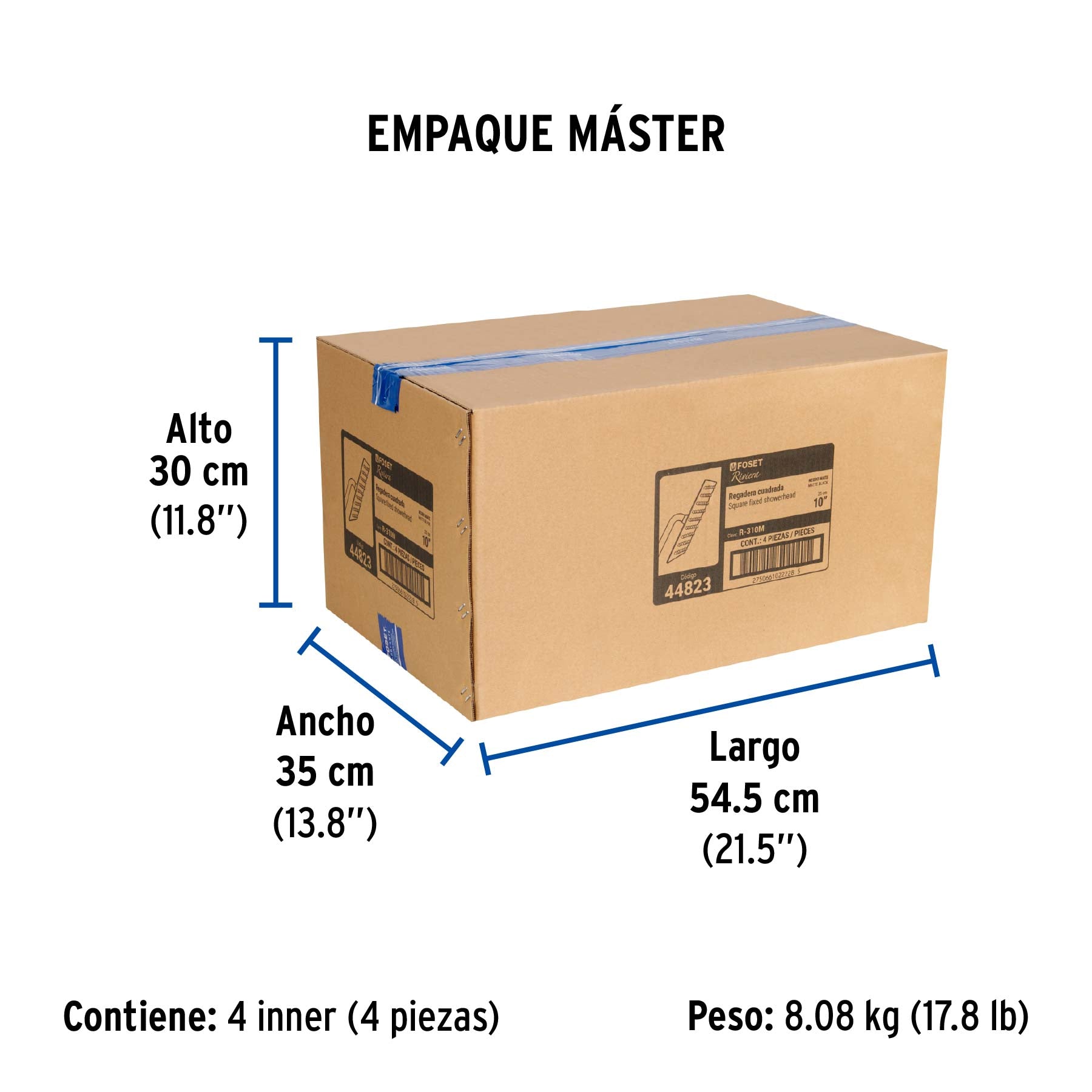 Regadera plato cuadrado 10" con brazo, negro, FOSET RIVIERA - Empaque