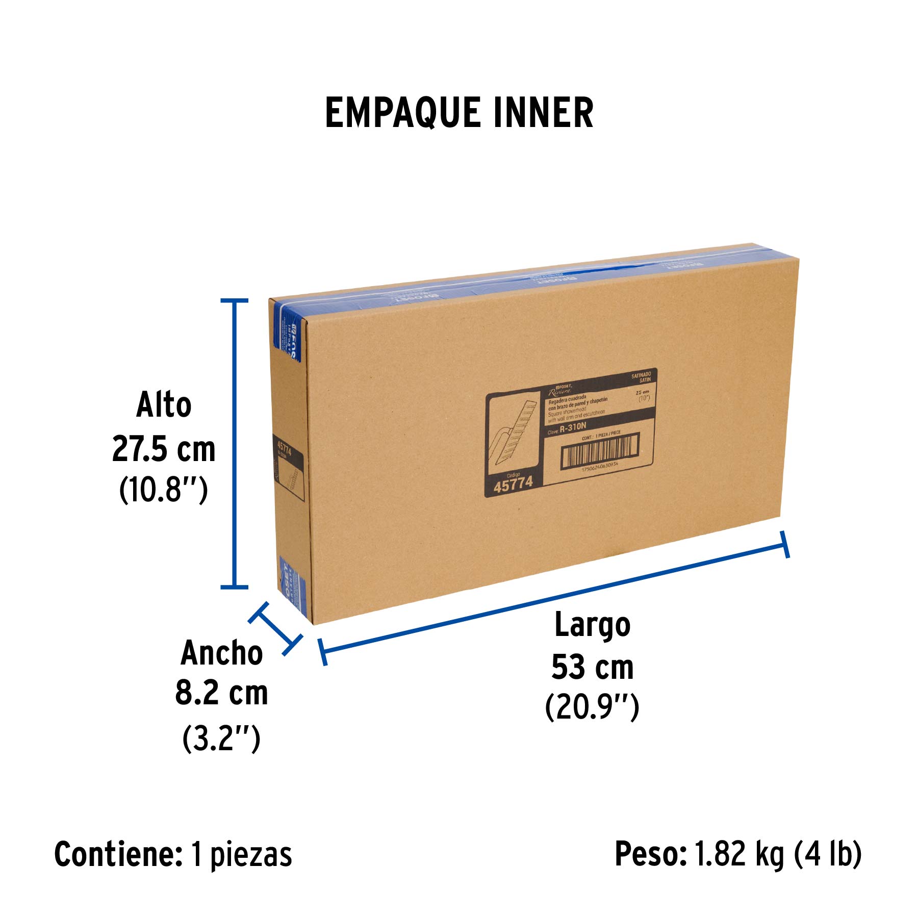 Regadera plato cuadrado 10" con brazo, satín, FOSET RIVIERA - Empaque
