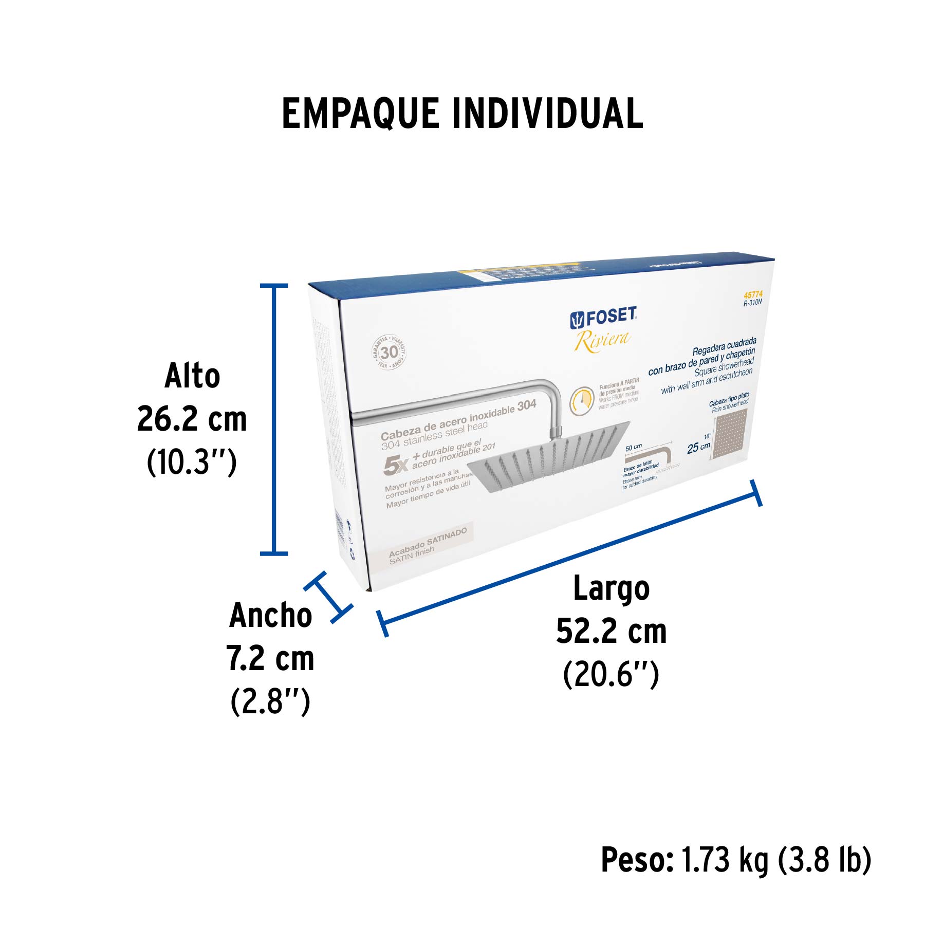 Regadera plato cuadrado 10" con brazo, satín, FOSET RIVIERA - Empaque