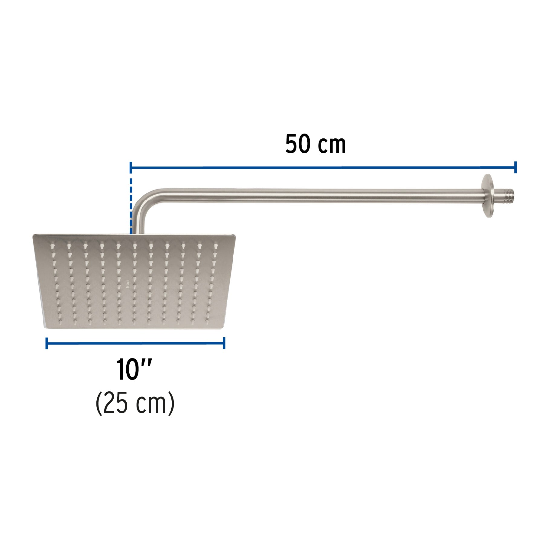 Regadera plato cuadrado 10" con brazo, satín, FOSET RIVIERA