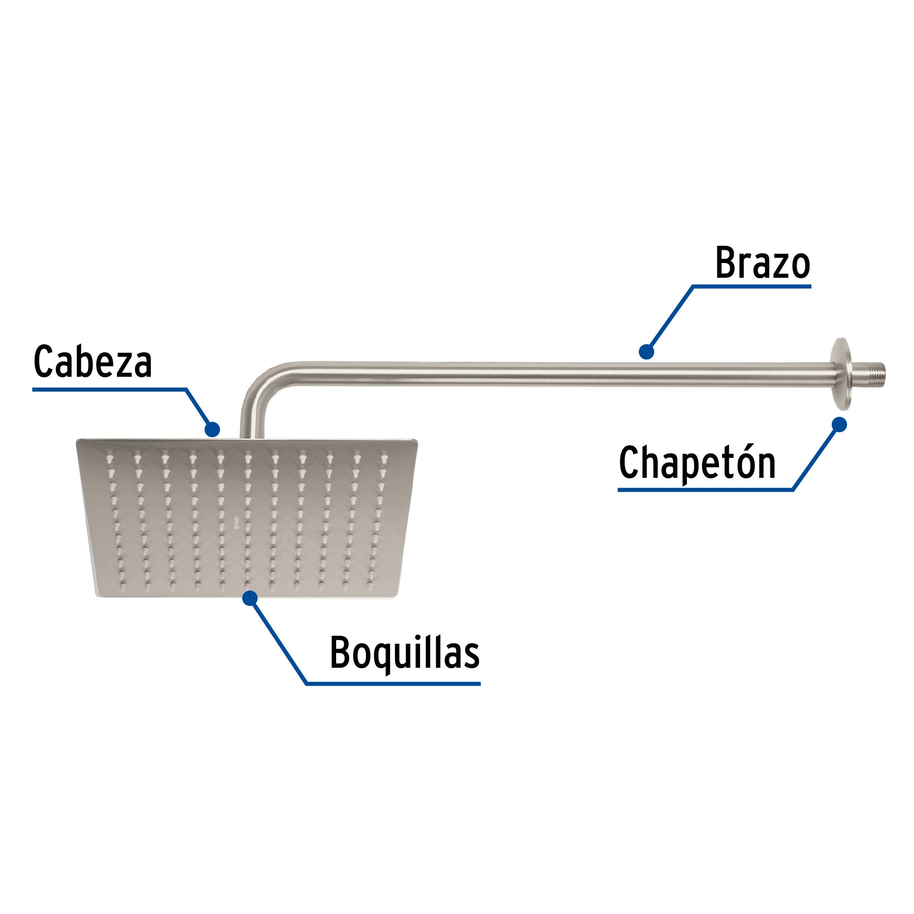 Regadera plato cuadrado 10" con brazo, satín, FOSET RIVIERA