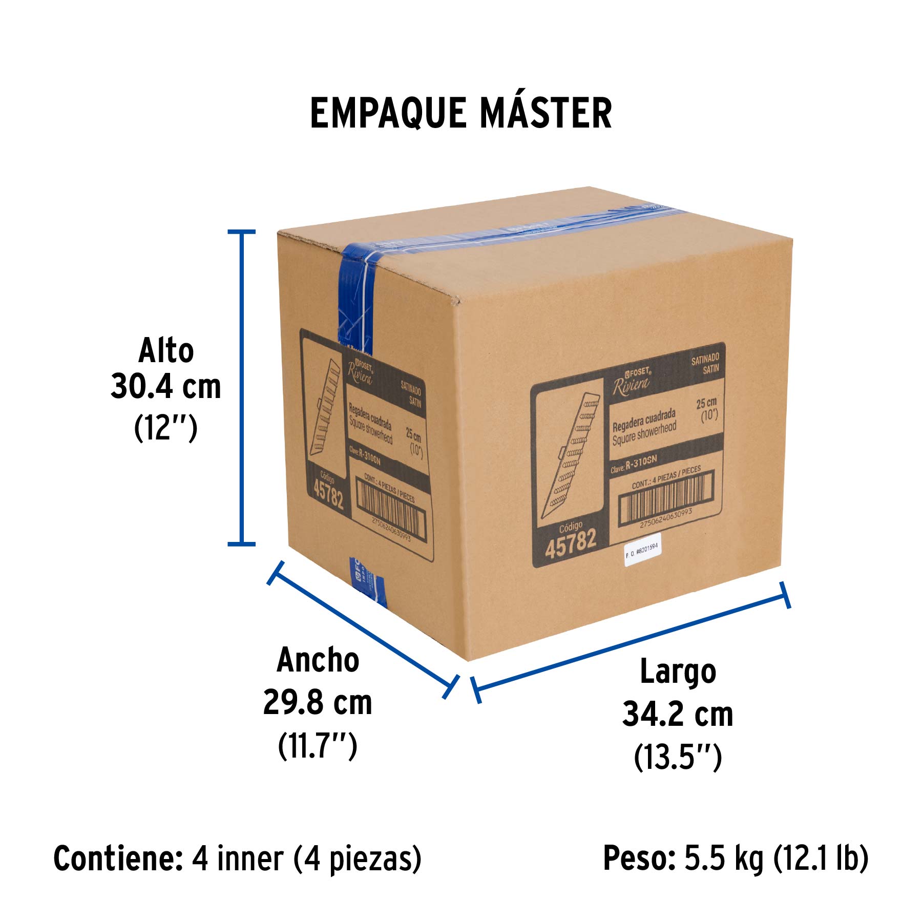 Regadera plato cuadrado 10" sin brazo, satín, FOSET RIVIERA - Empaque