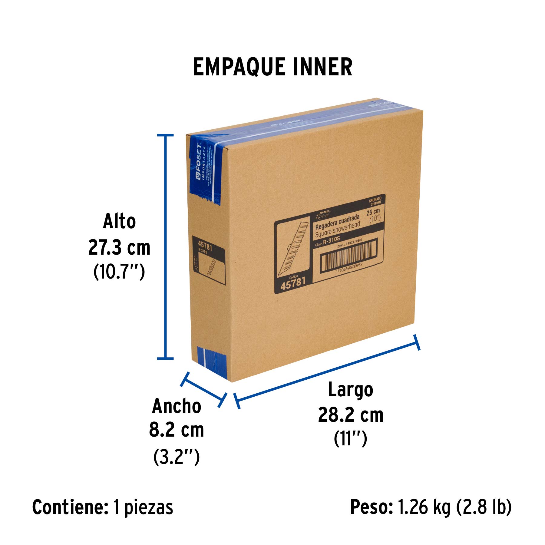 Regadera plato cuadrado 10" sin brazo, cromo, FOSET RIVIERA - Empaque