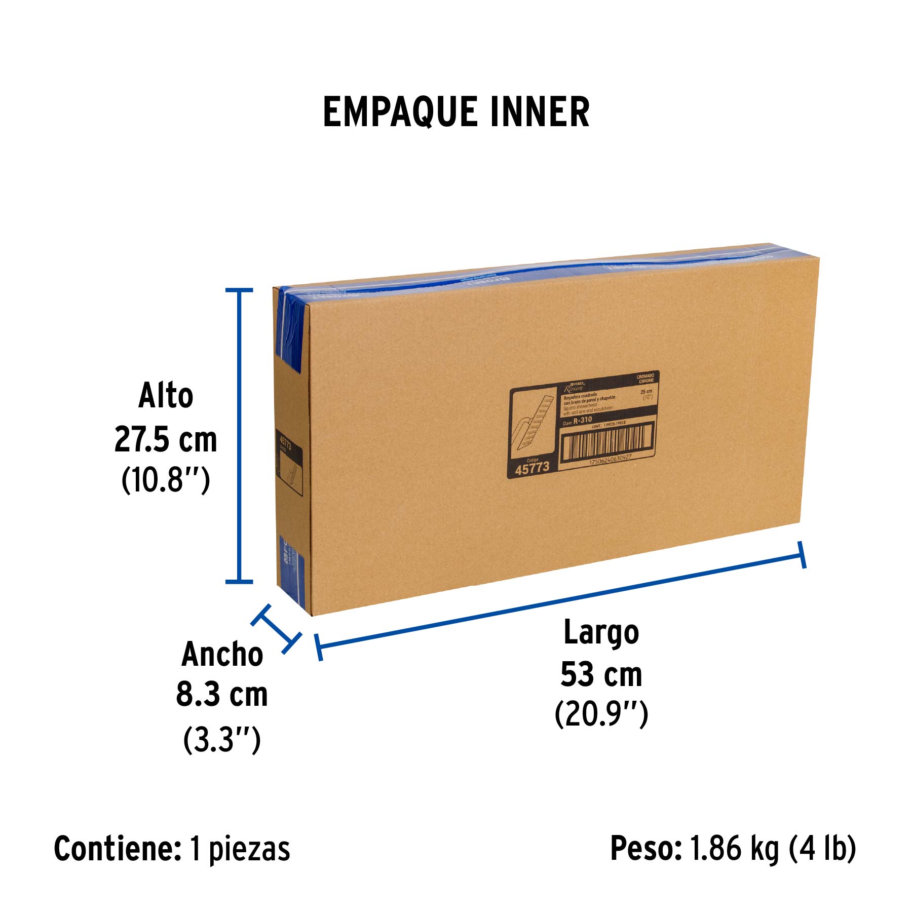 Regadera plato cuadrado 10" con brazo, cromo, FOSET RIVIERA - Empaque