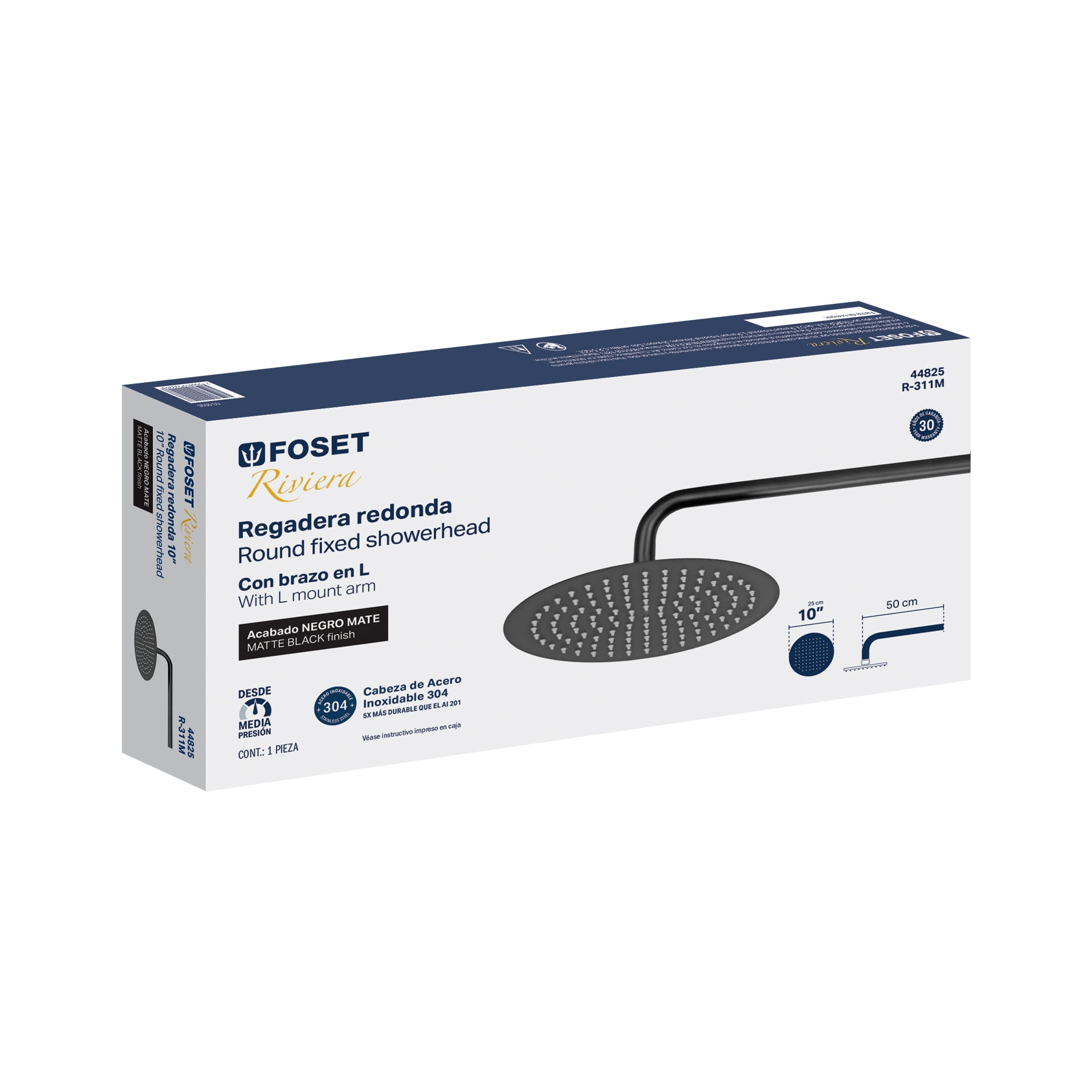 Regadera plato redondo 10" con brazo, negro, FOSET RIVIERA
