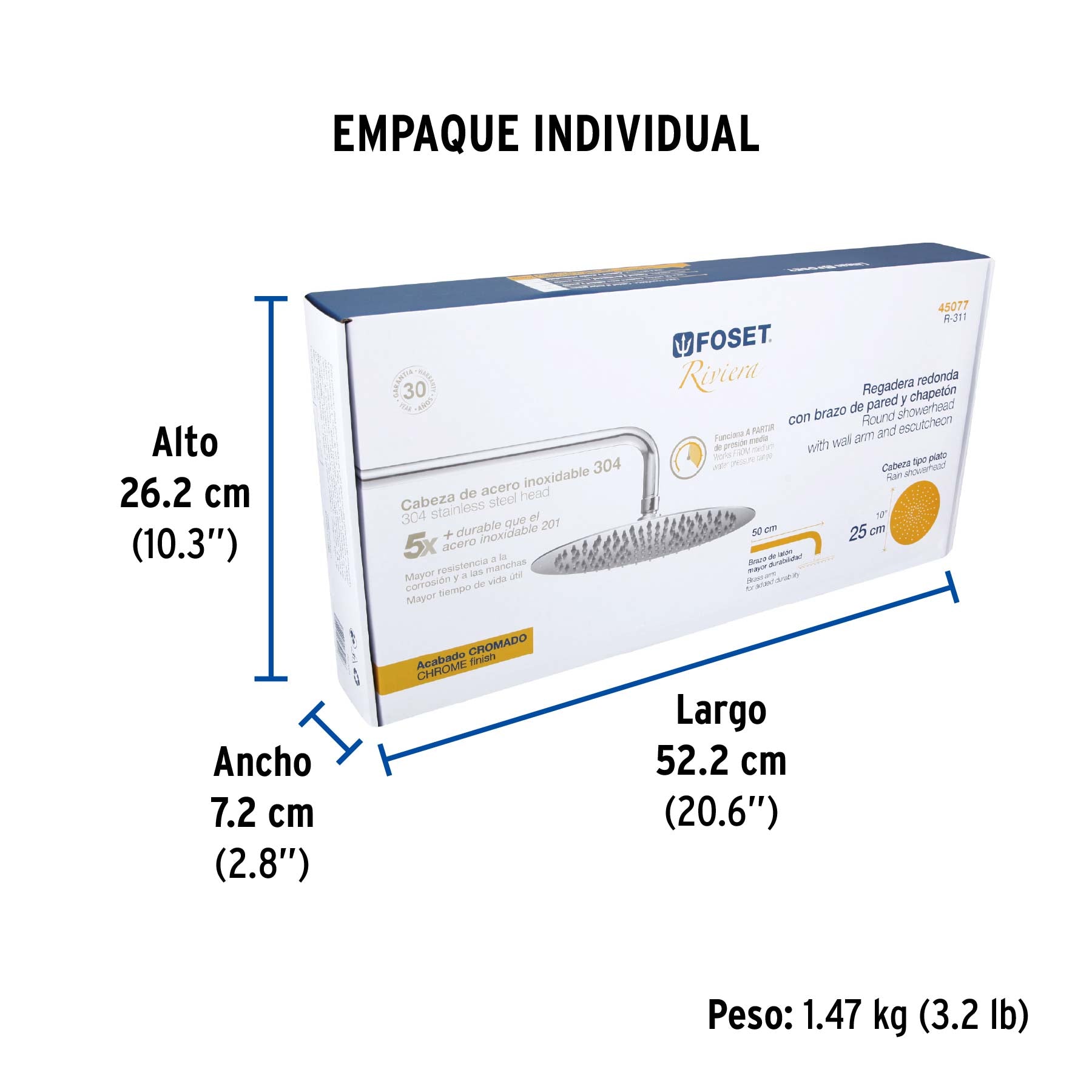 Regadera plato redondo 10" con brazo, cromo, FOSET RIVIERA - Empaque