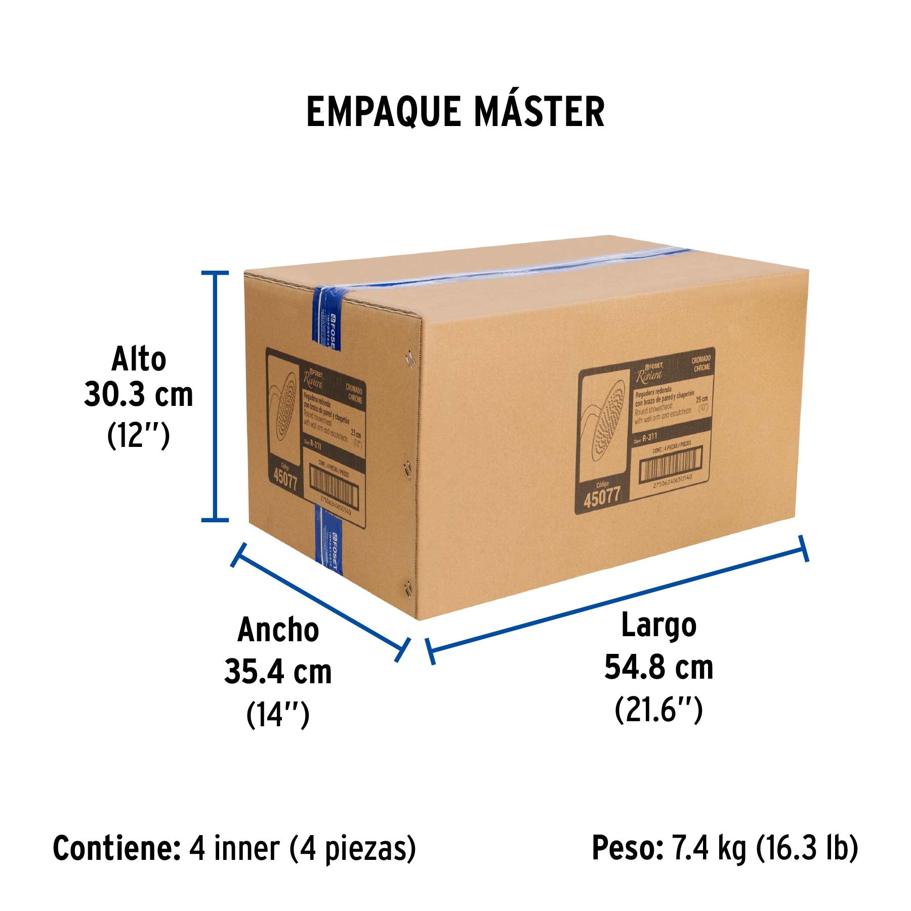 Regadera plato redondo 10" con brazo, cromo, FOSET RIVIERA - Empaque