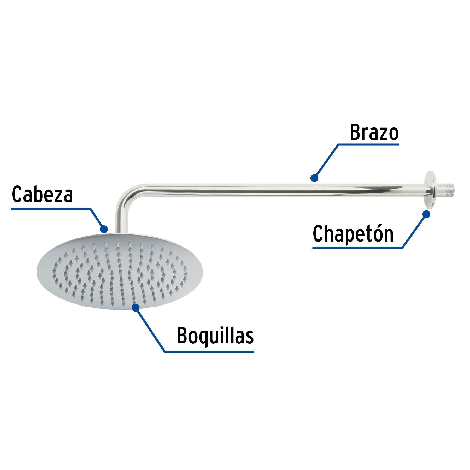 Regadera plato redondo 10" con brazo, cromo, FOSET RIVIERA