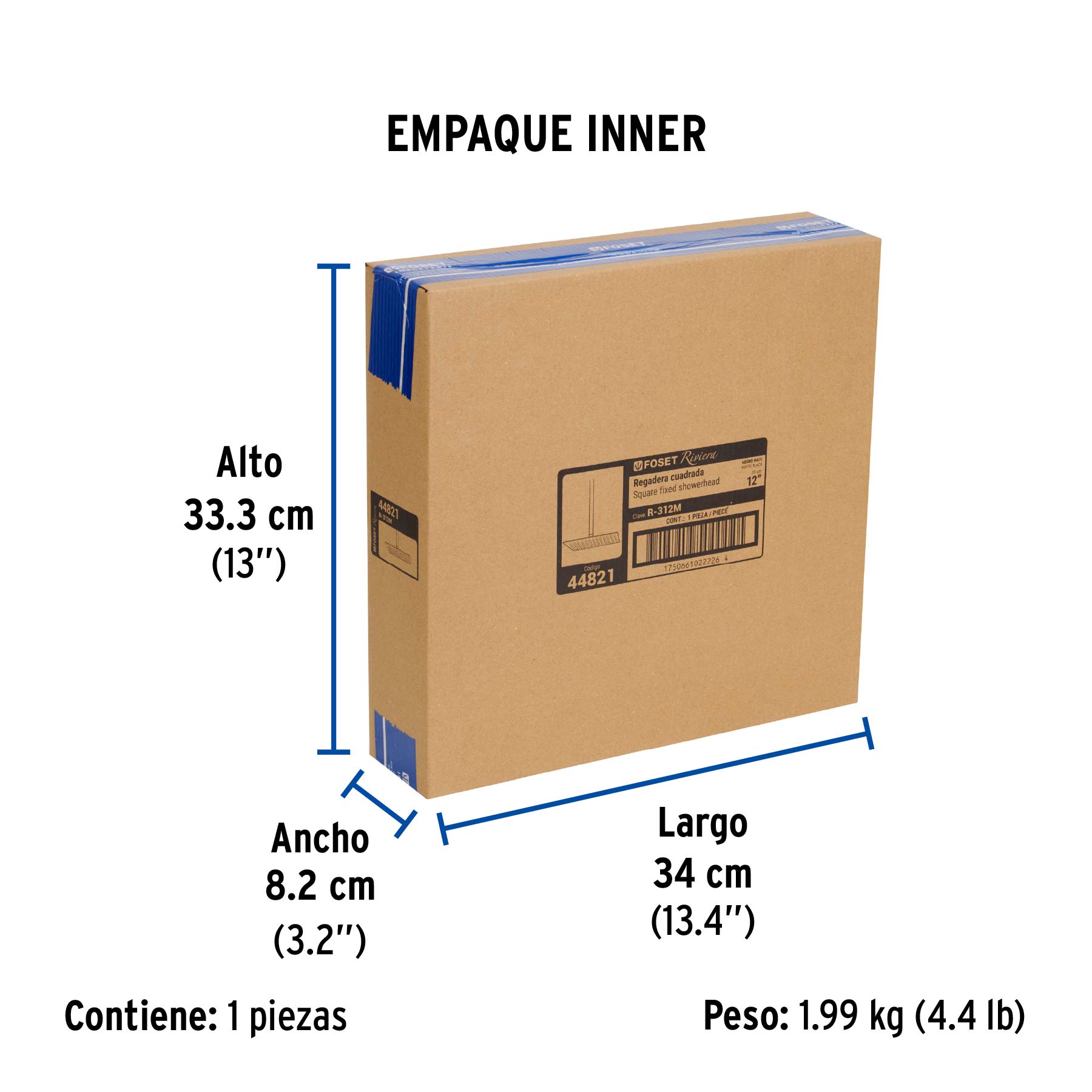Regadera plato cuadrado 12" con brazo, negro, FOSET RIVIERA - Empaque