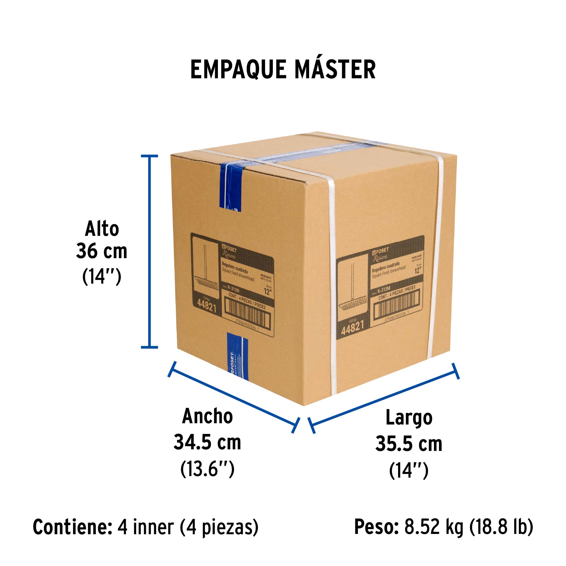 Regadera plato cuadrado 12" con brazo, negro, FOSET RIVIERA - Empaque