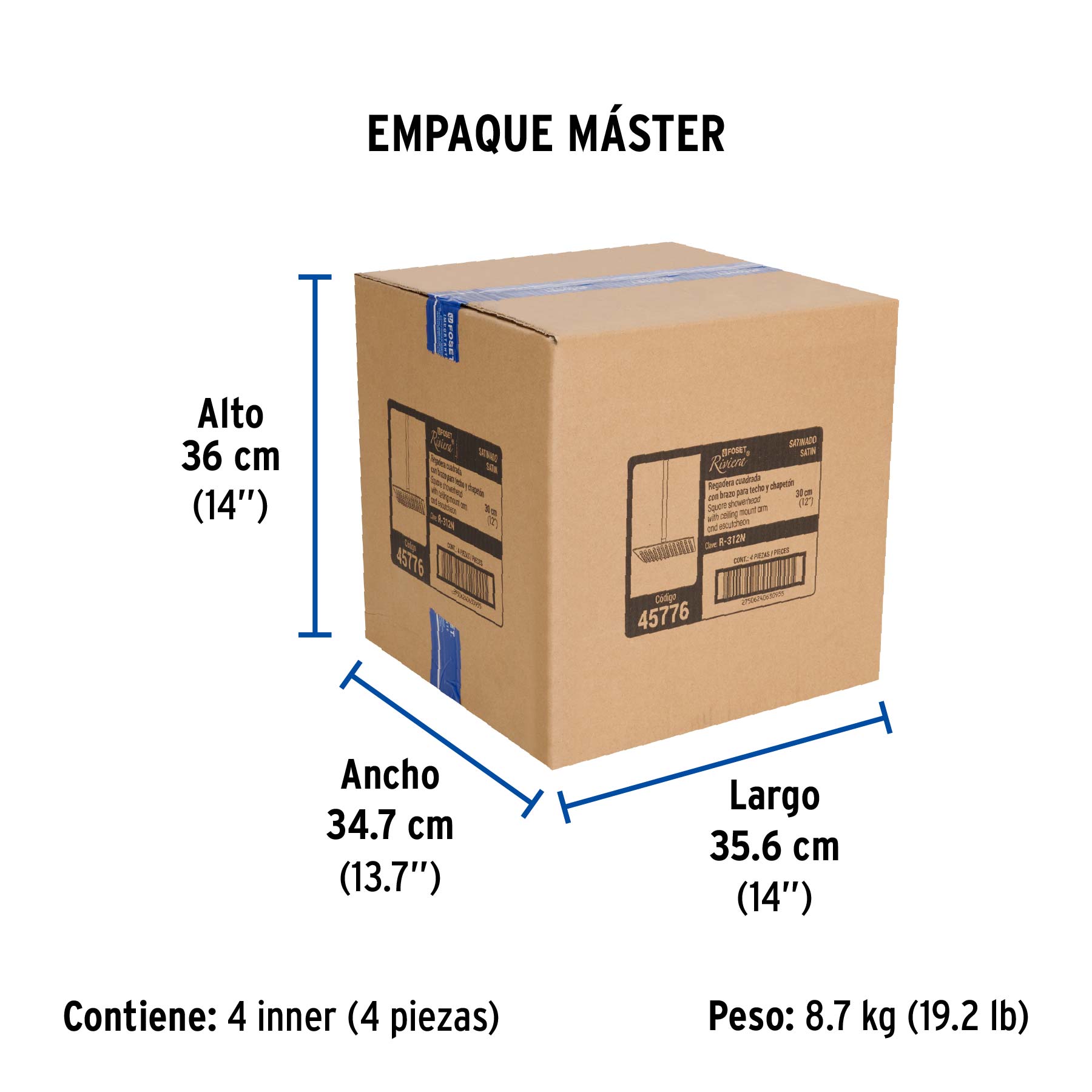 Regadera plato cuadrado 12" con brazo, satín, FOSET RIVIERA - Empaque
