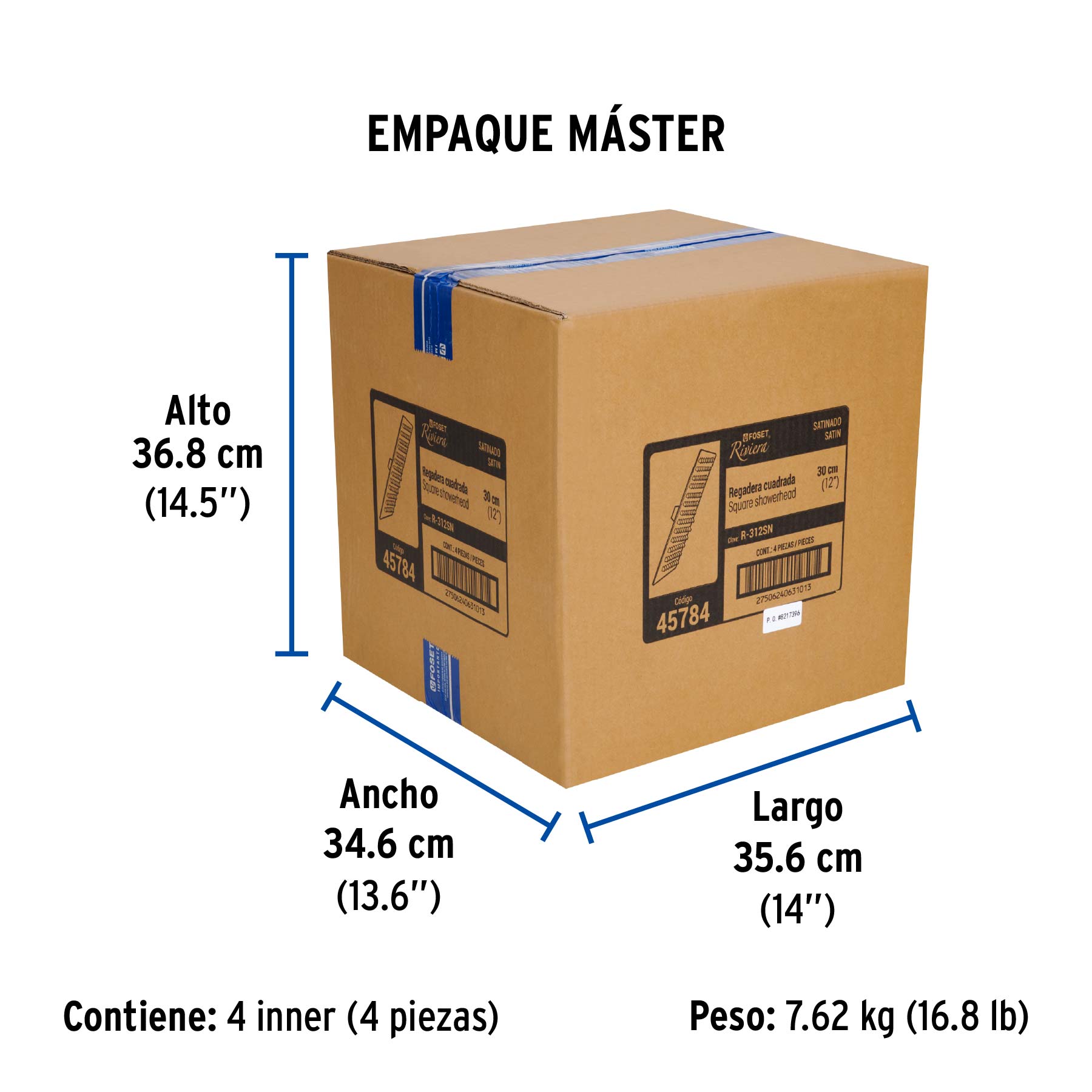 Regadera plato cuadrado 12" sin brazo, satín, FOSET RIVIERA - Empaque