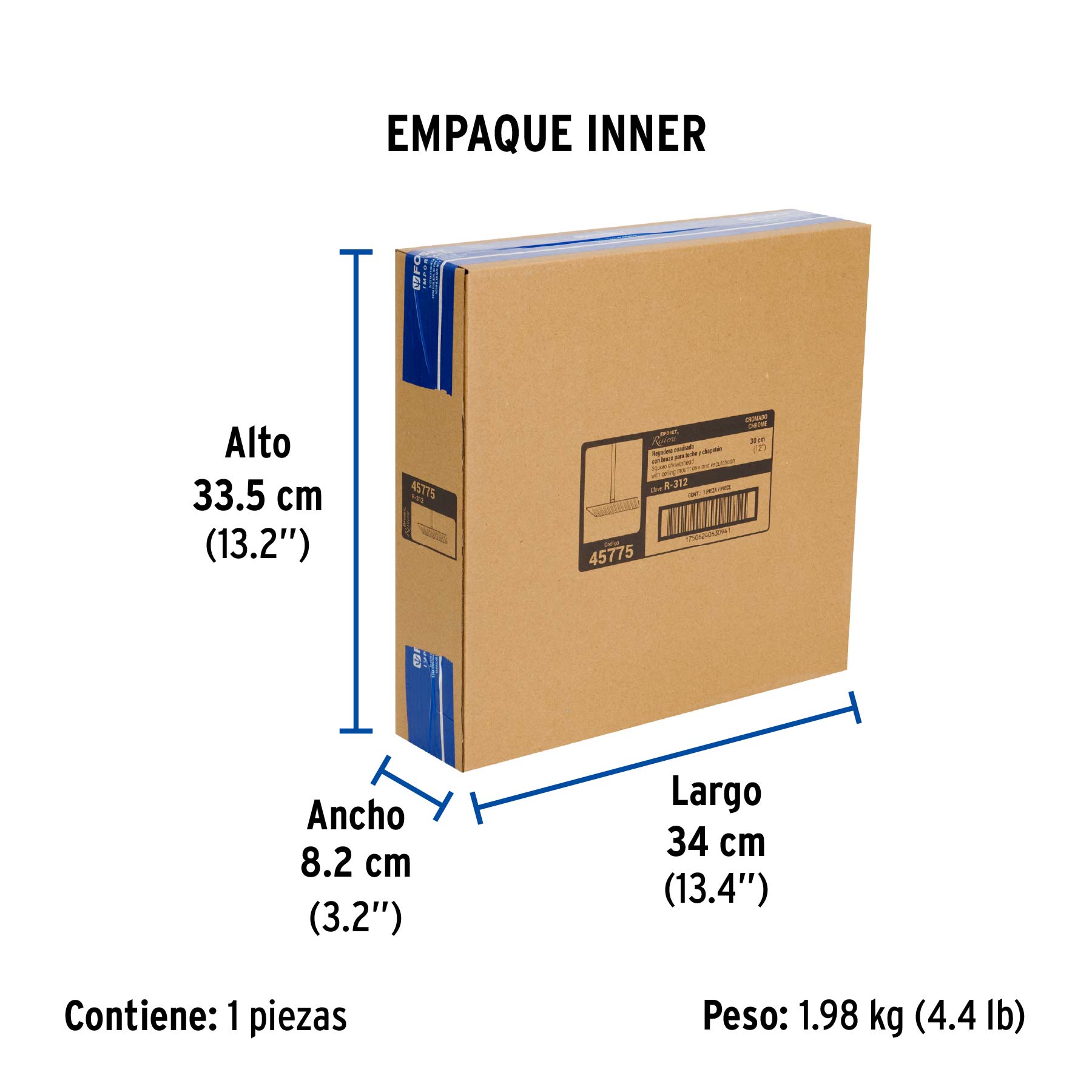 Regadera plato cuadrado 12" con brazo, cromo, FOSET RIVIERA - Empaque