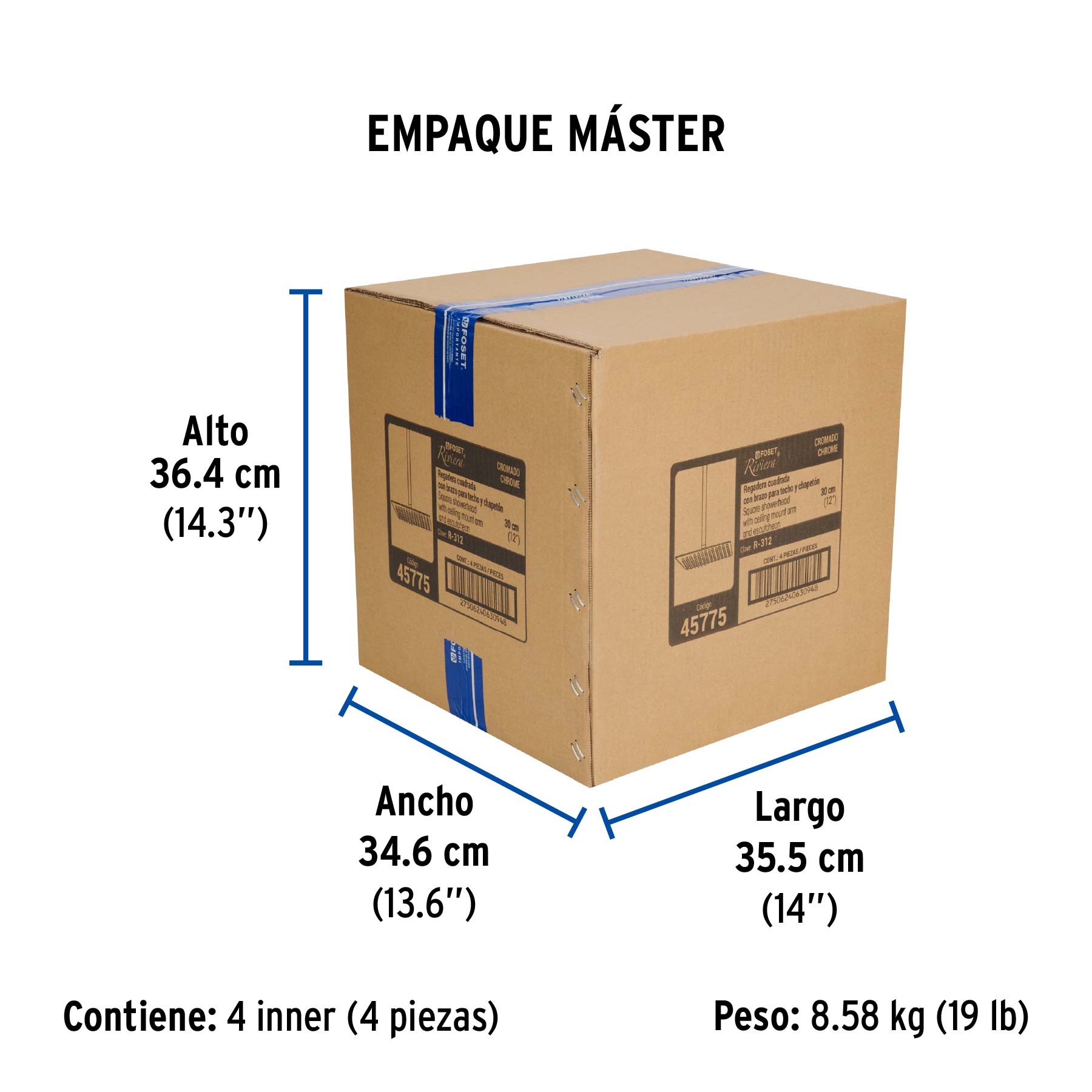 Regadera plato cuadrado 12" con brazo, cromo, FOSET RIVIERA - Empaque