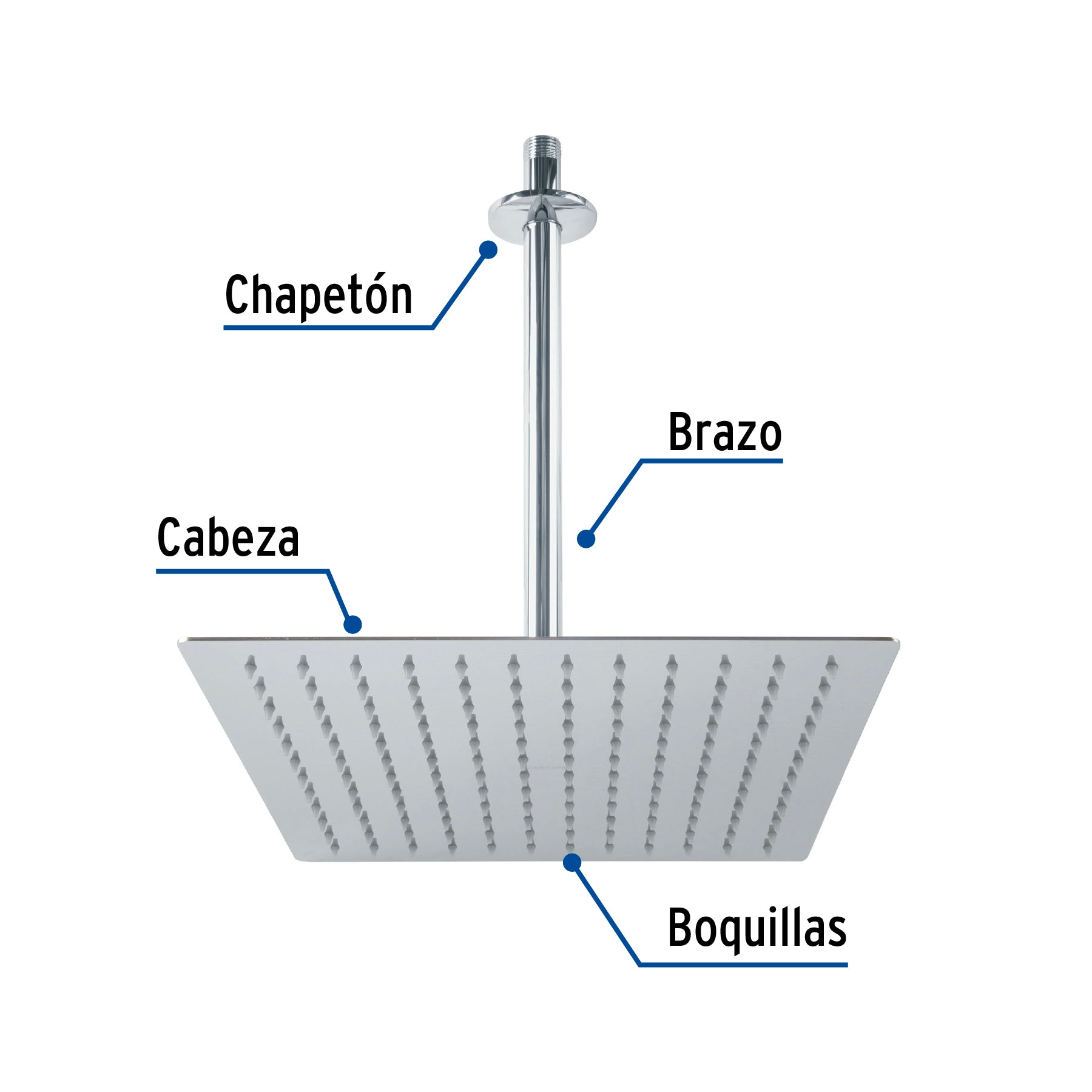 Regadera plato cuadrado 12" con brazo, cromo, FOSET RIVIERA