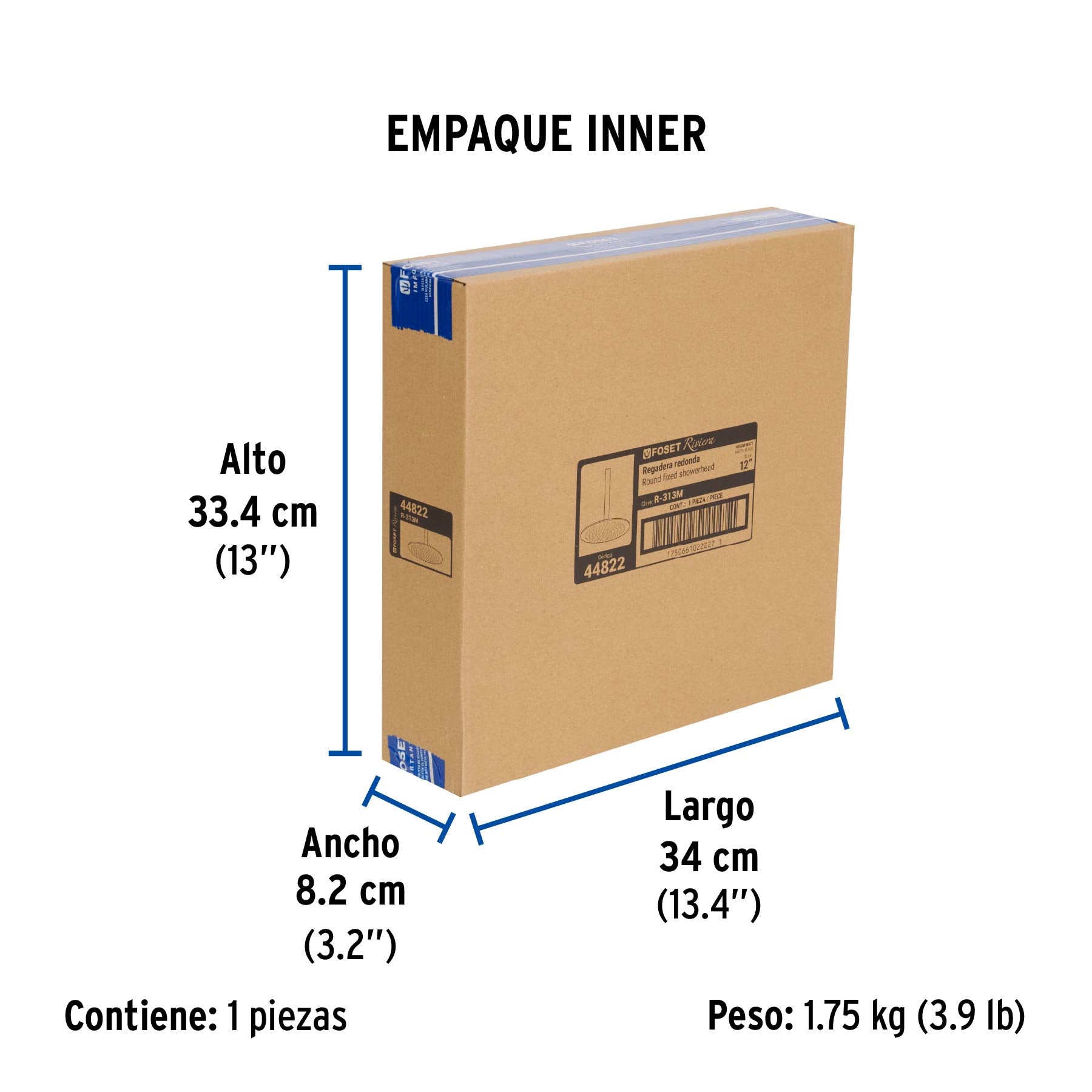 Regadera plato redondo 12" con brazo, negro, FOSET RIVIERA - Empaque