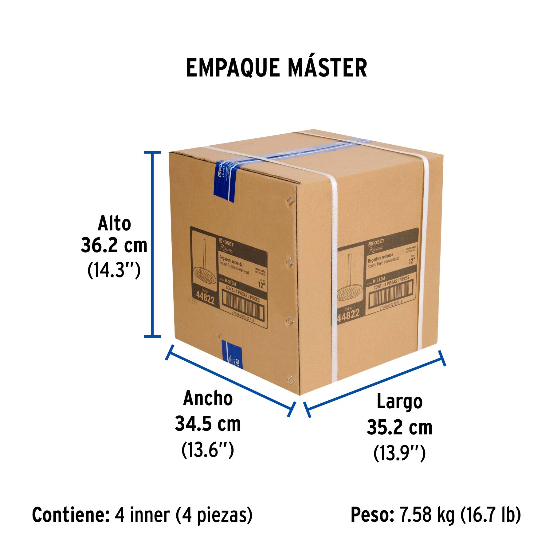 Regadera plato redondo 12" con brazo, negro, FOSET RIVIERA - Empaque