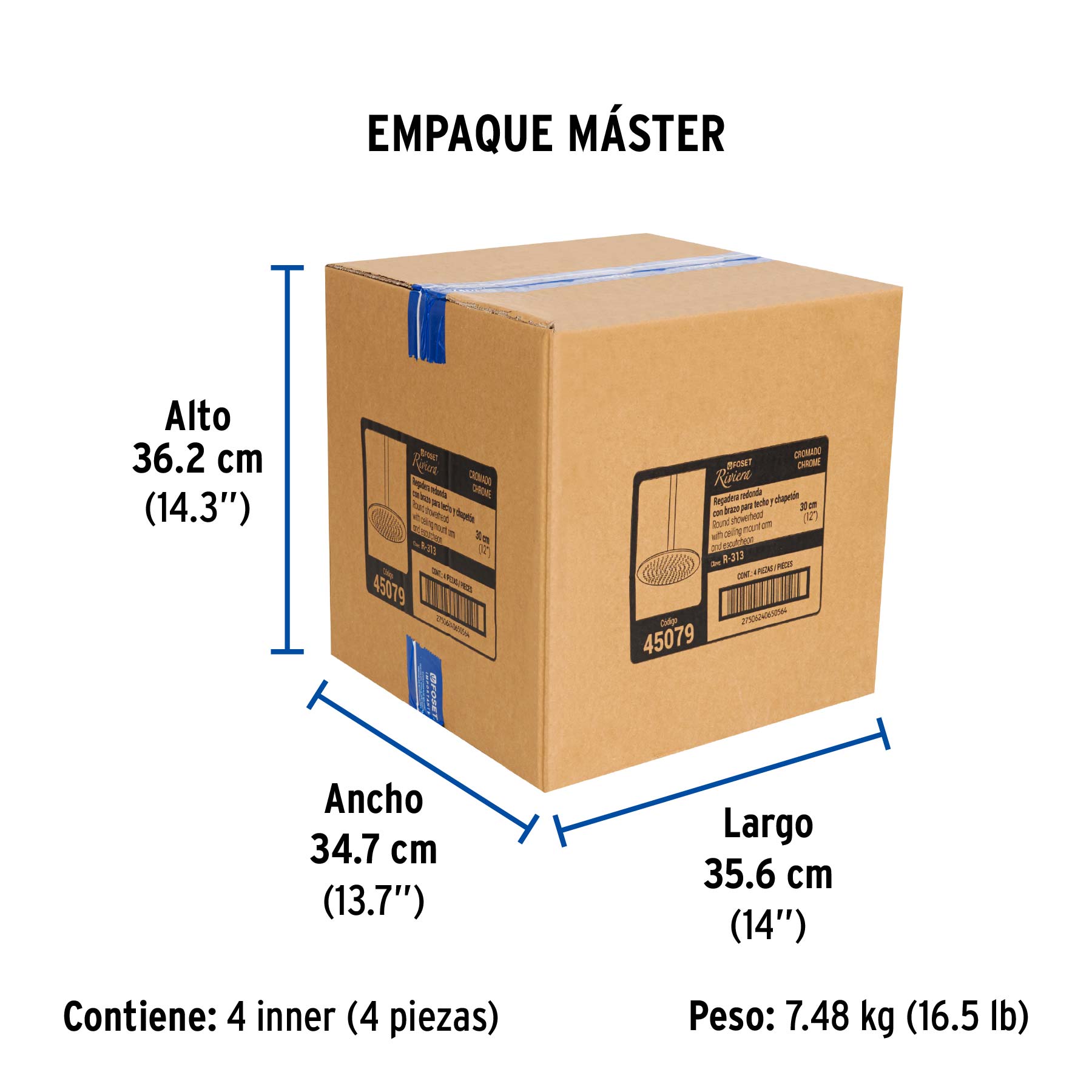 Regadera plato redondo 12" con brazo, cromo, FOSET RIVIERA - Empaque