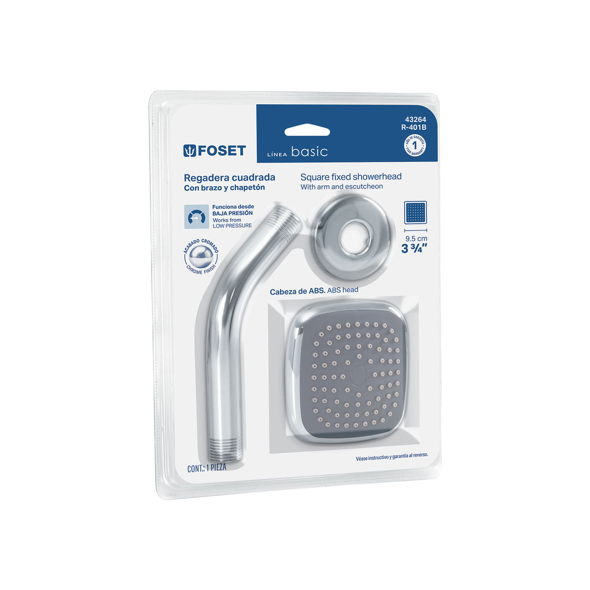 Regadera cuadrada 3-3/4" brazo y chapetón, blíster, BASIC