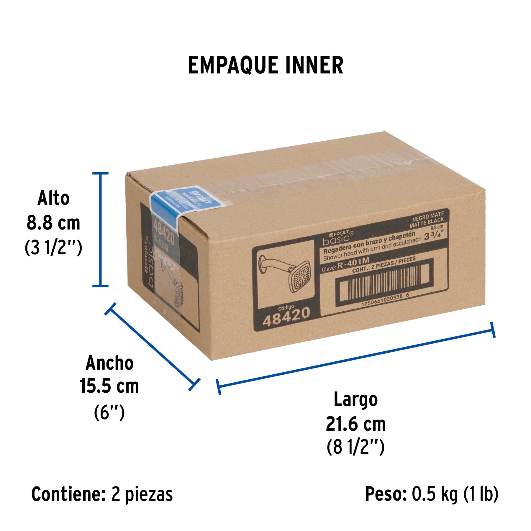 Regadera cuadrada 3-3/4" brazo y chapetón, negro, BASIC - Empaque