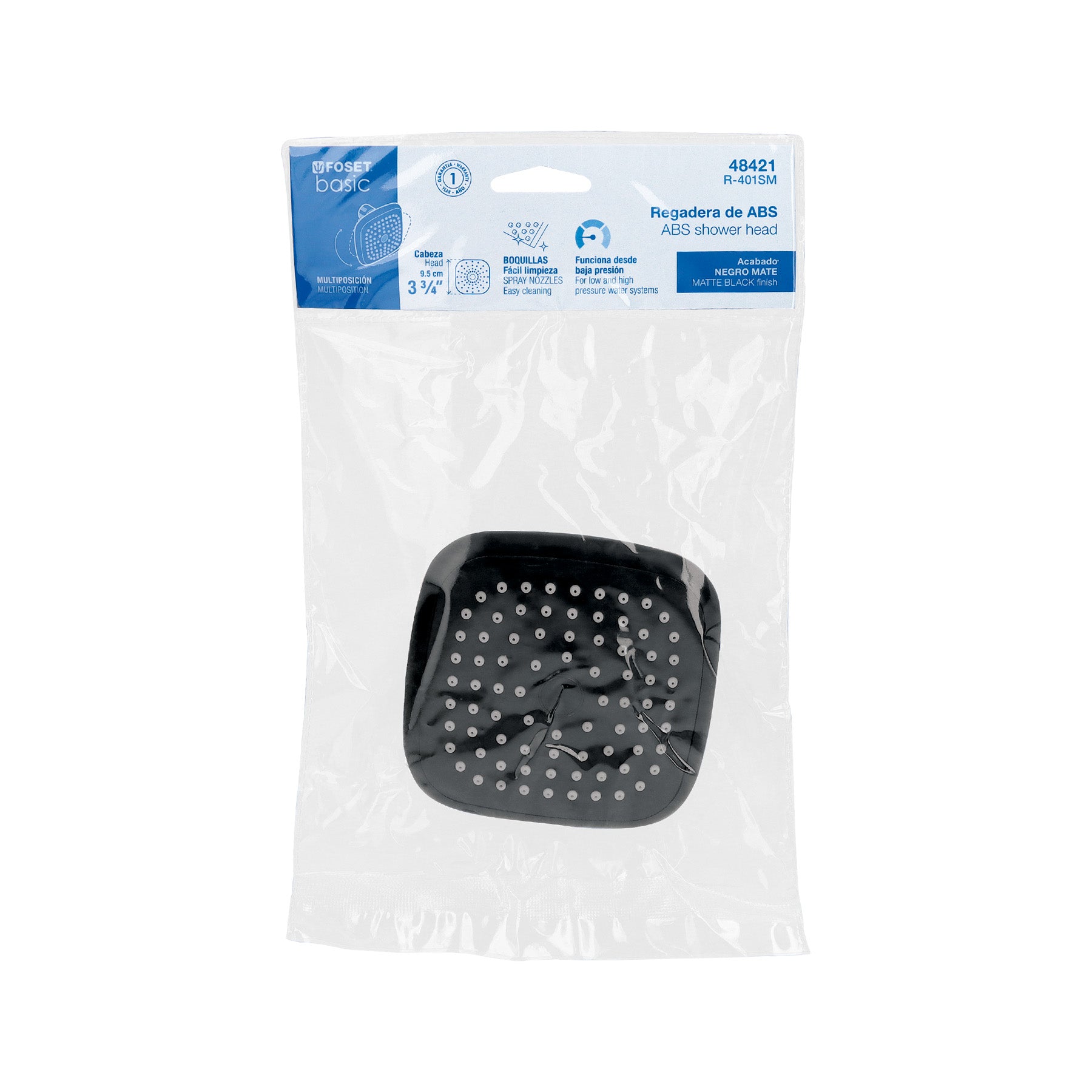 Regadera cuadrada de ABS 3-3/4" sin brazo, negro, BASIC