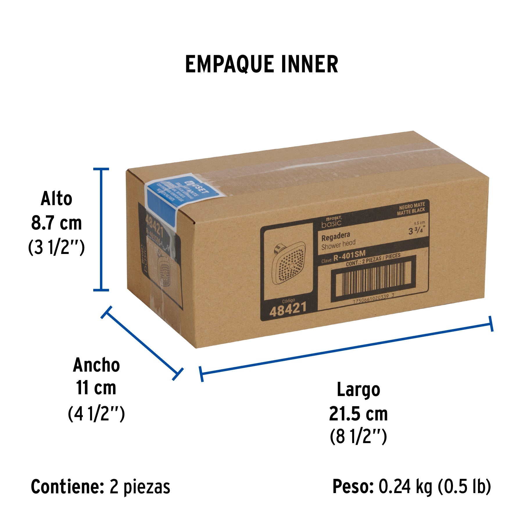 Regadera cuadrada de ABS 3-3/4" sin brazo, negro, BASIC - Empaque