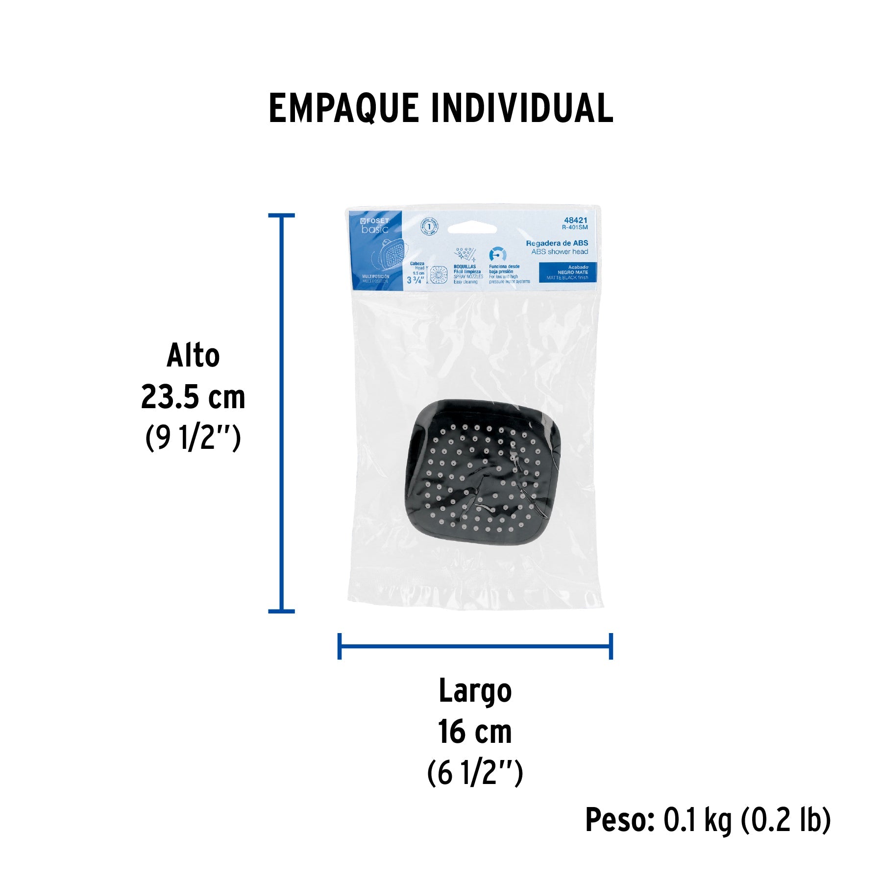 Regadera cuadrada de ABS 3-3/4" sin brazo, negro, BASIC - Empaque