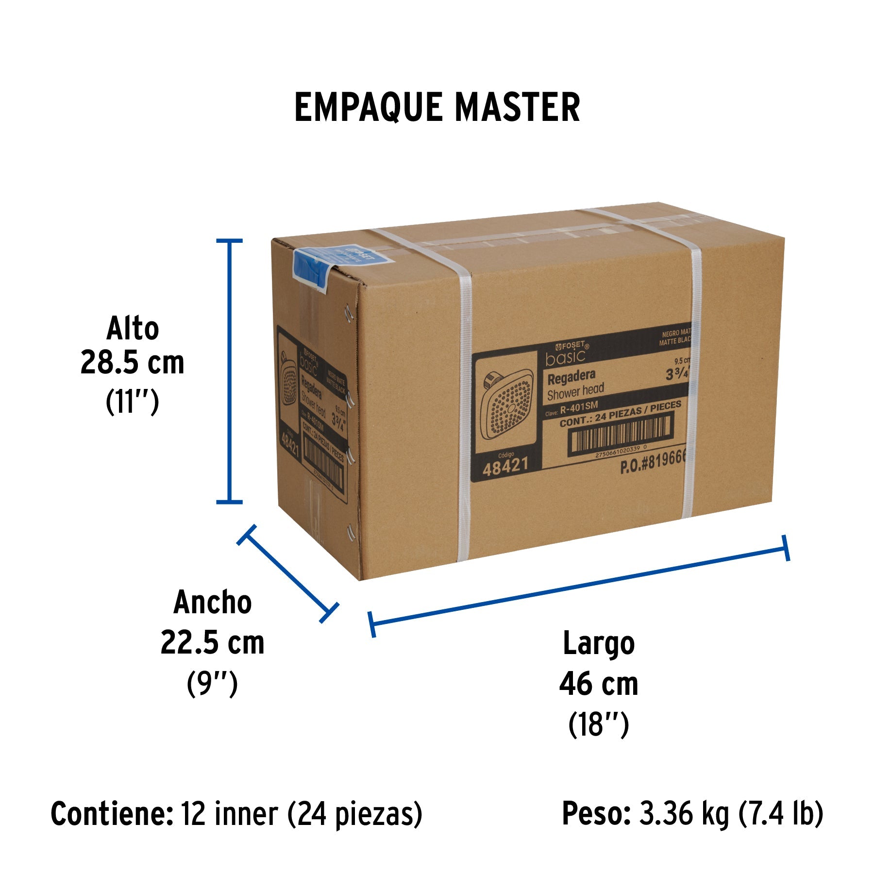 Regadera cuadrada de ABS 3-3/4" sin brazo, negro, BASIC - Empaque