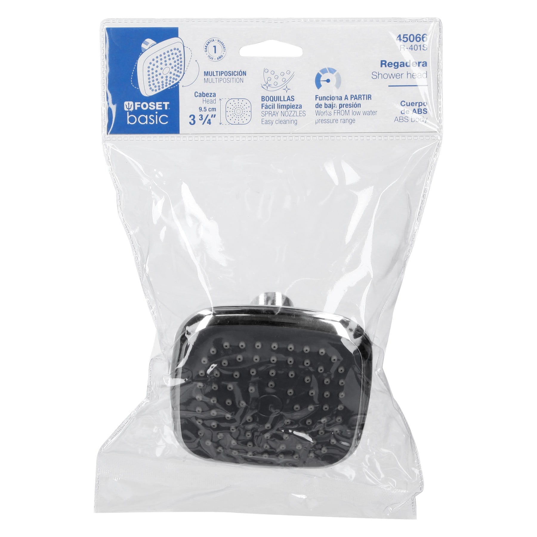 Regadera cuadrada de ABS 3-3/4" sin brazo, FOSET BASIC
